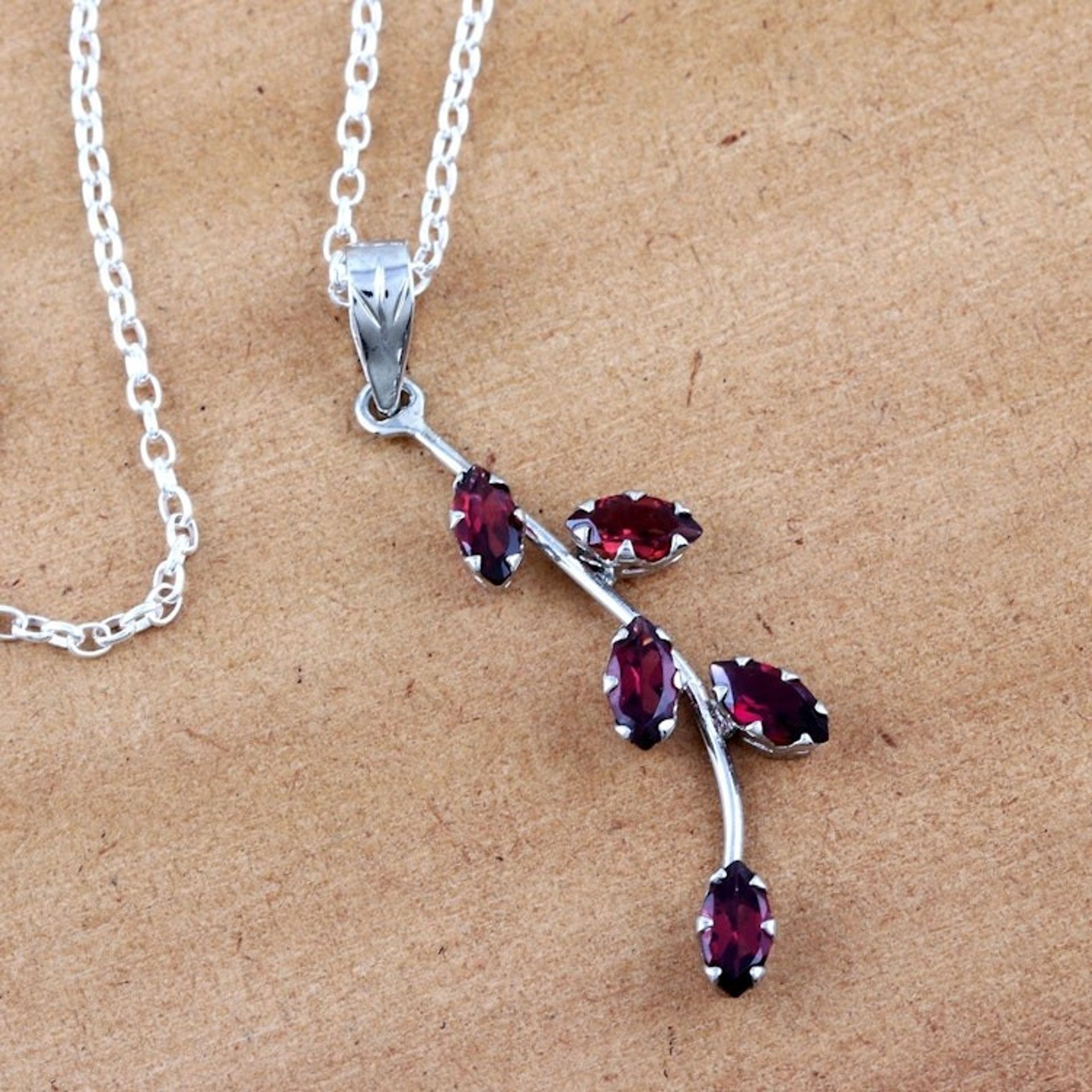Garnet and Sterling Silver Pendant Necklace 'Leaf Sprig'