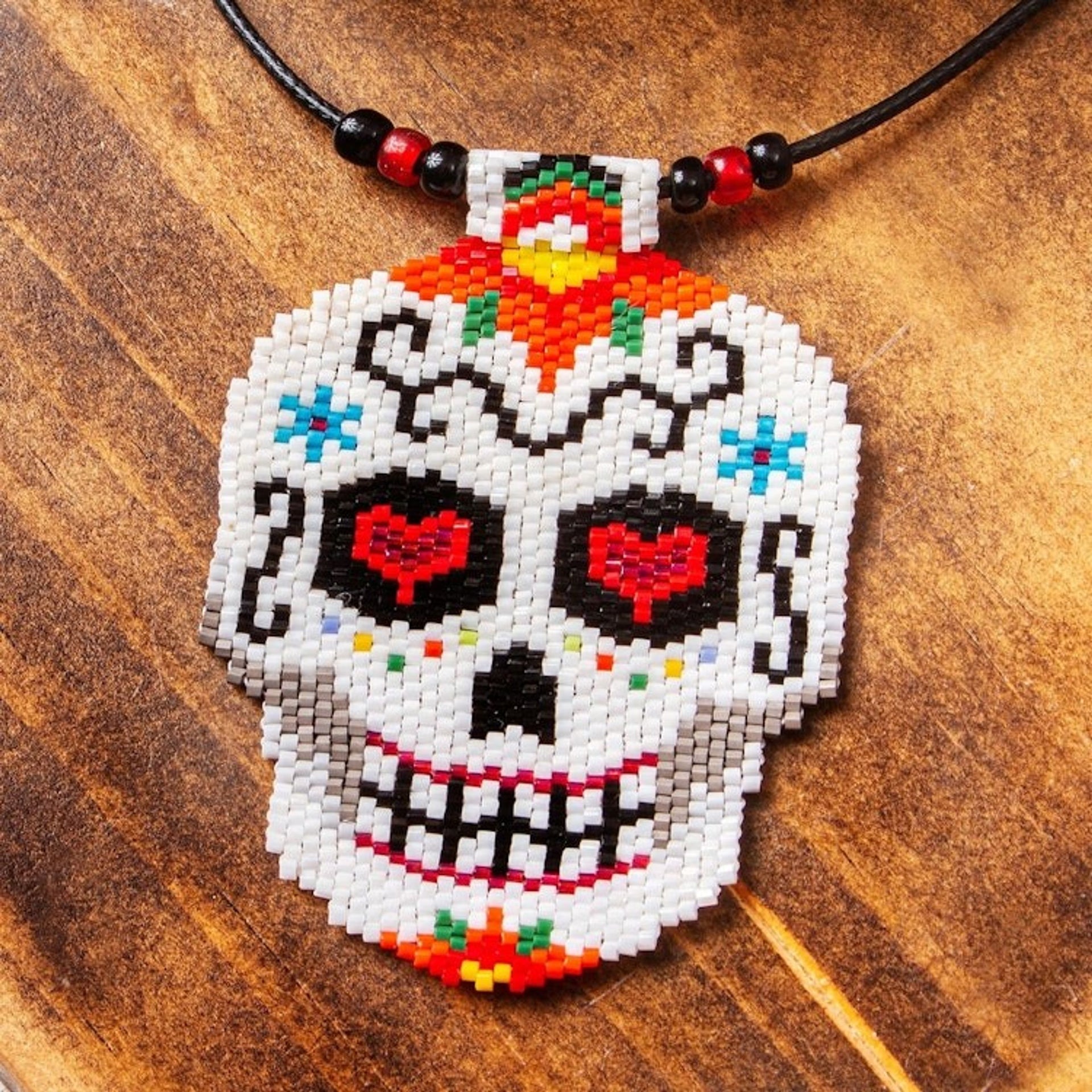 Beadwork Day of the Dead White Skull Huichol Necklace 'White Skeleton'