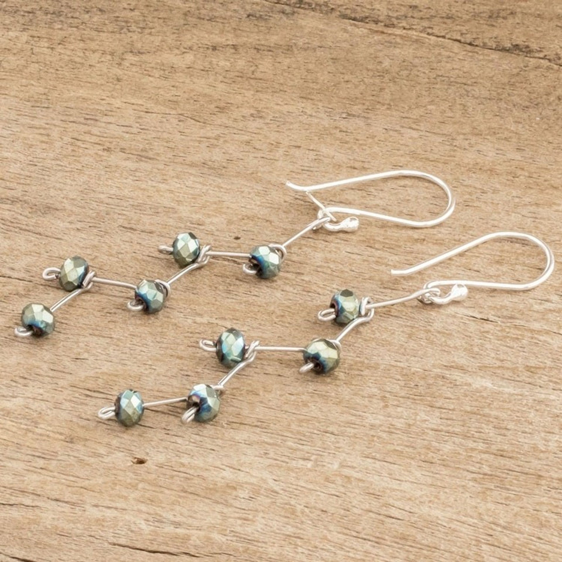 Green Beaded Dangle Earrings With Sterling Silver Hooks 'Green Iridescent'