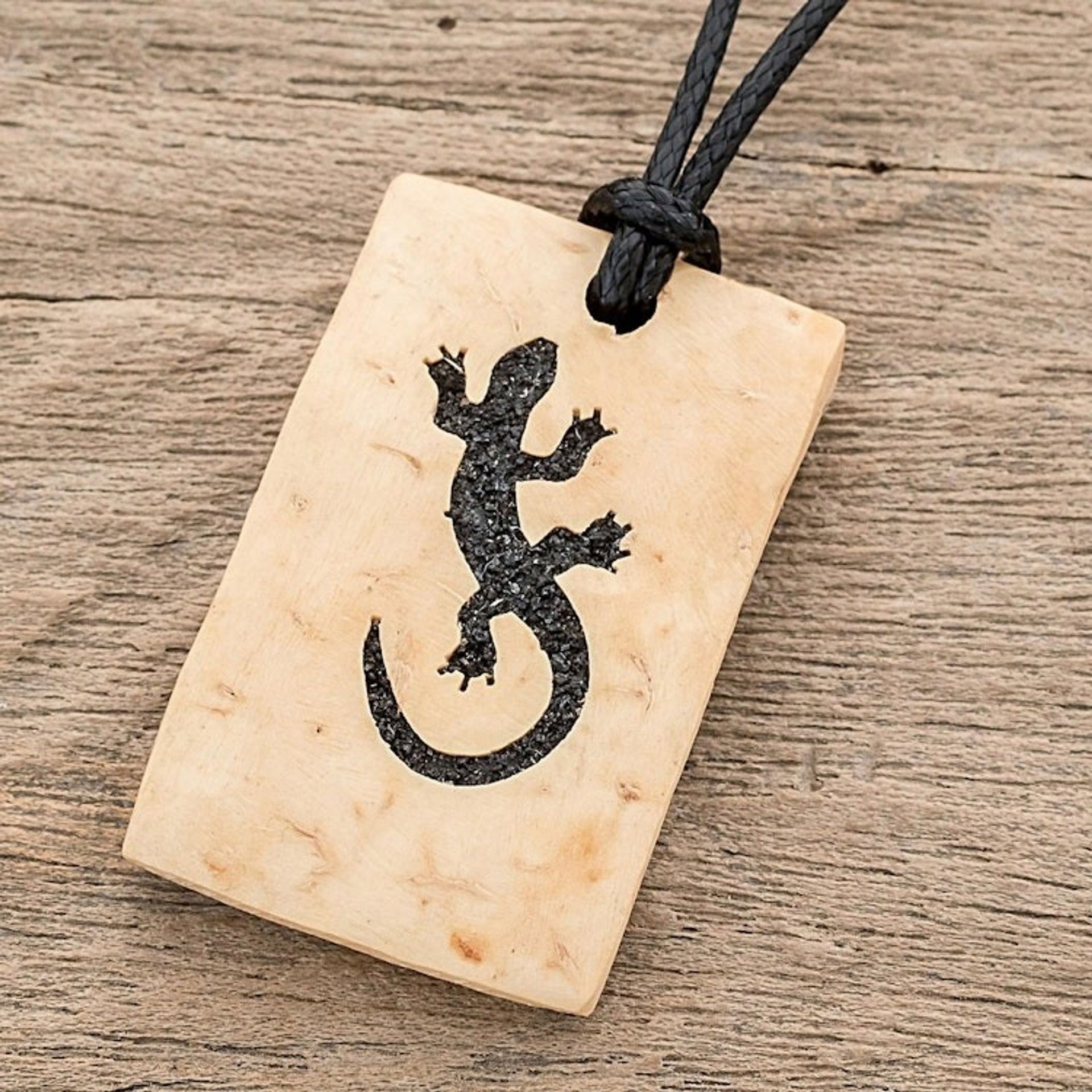 Coconut Shell and Lava Stone Gecko Pendant Necklace 'Gecko Rectangle'