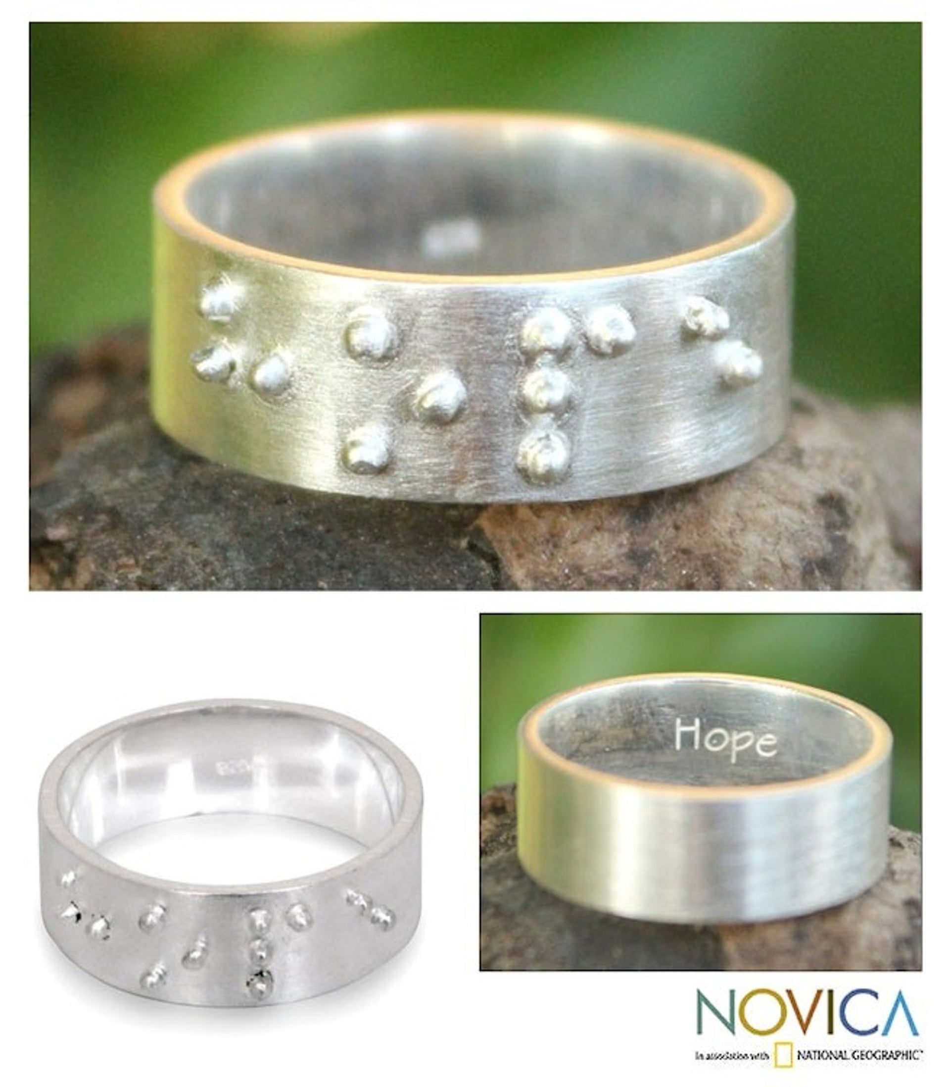 Fair Trade Sterling Silver Band Ring 'Braille Hope'
