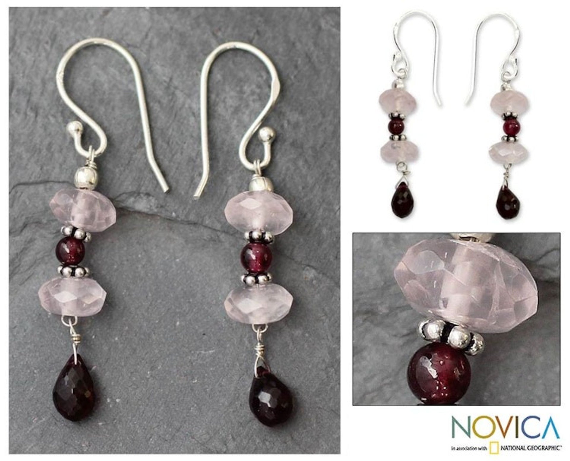 Garnet and rose quartz dangle earrings 'Romancing Love'