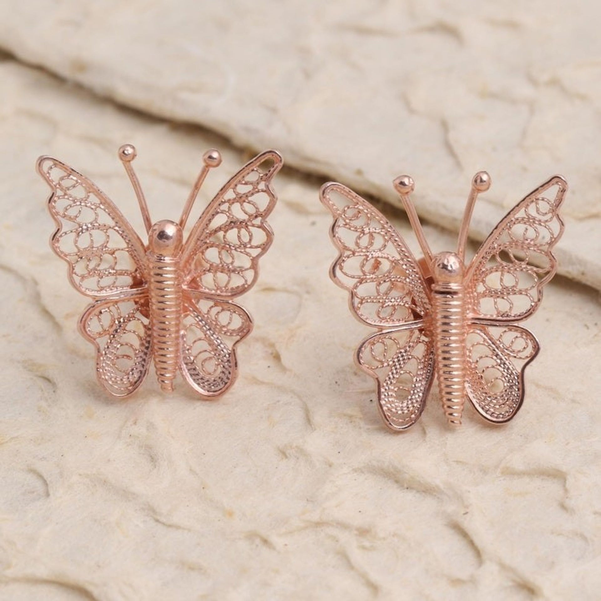 Hand Made Rose Gold Plated Butterfly Button Earrings 'Bright Butterflies'