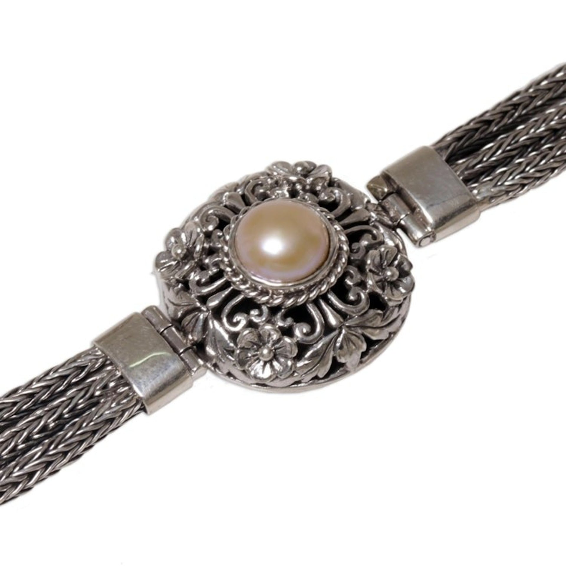 925 Silver and Cultured Pearl Balinese Floral Bracelet 'Floral Nobility'