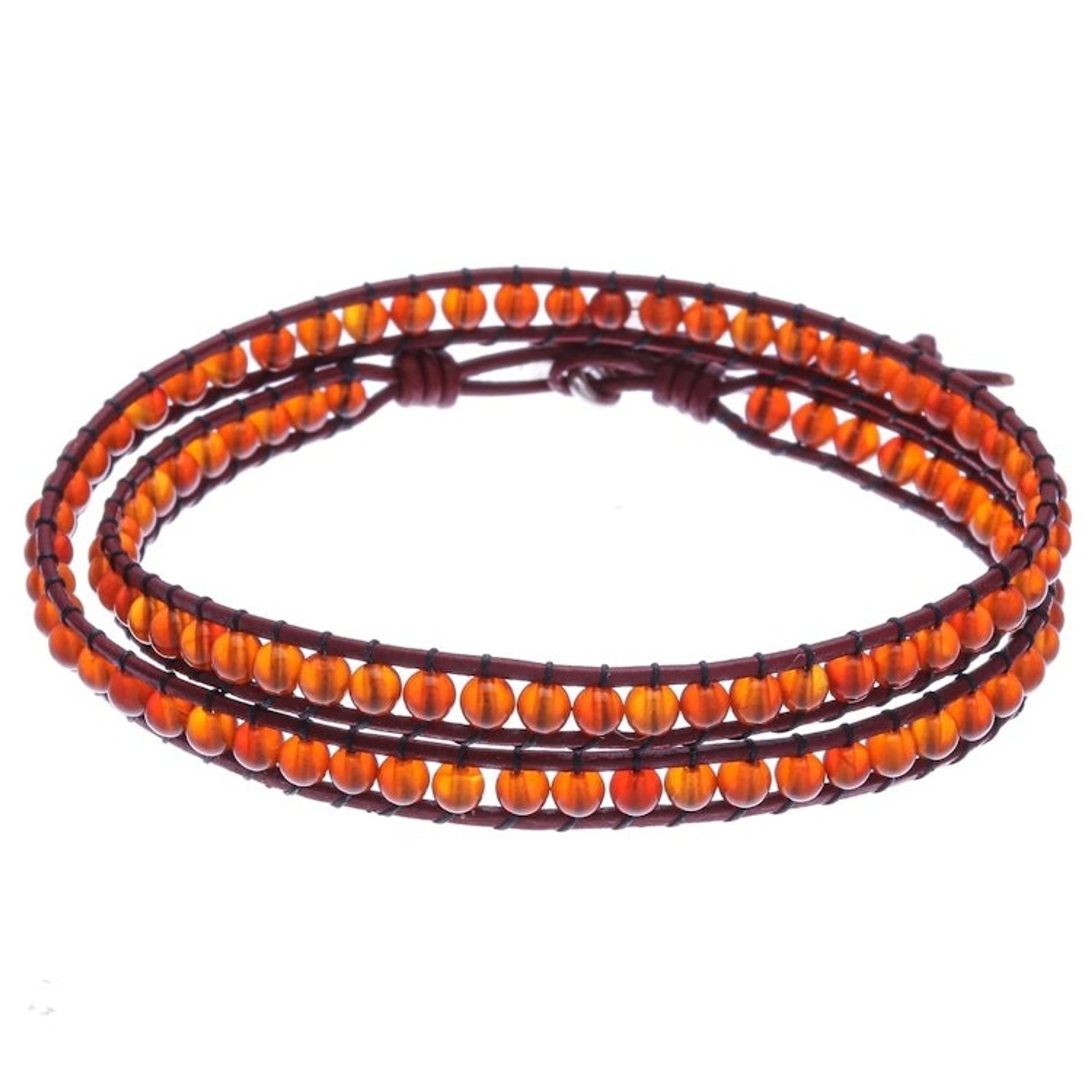 Carnelian and Leather Beaded Wrap Bracelet 'Inner Sunbeam'