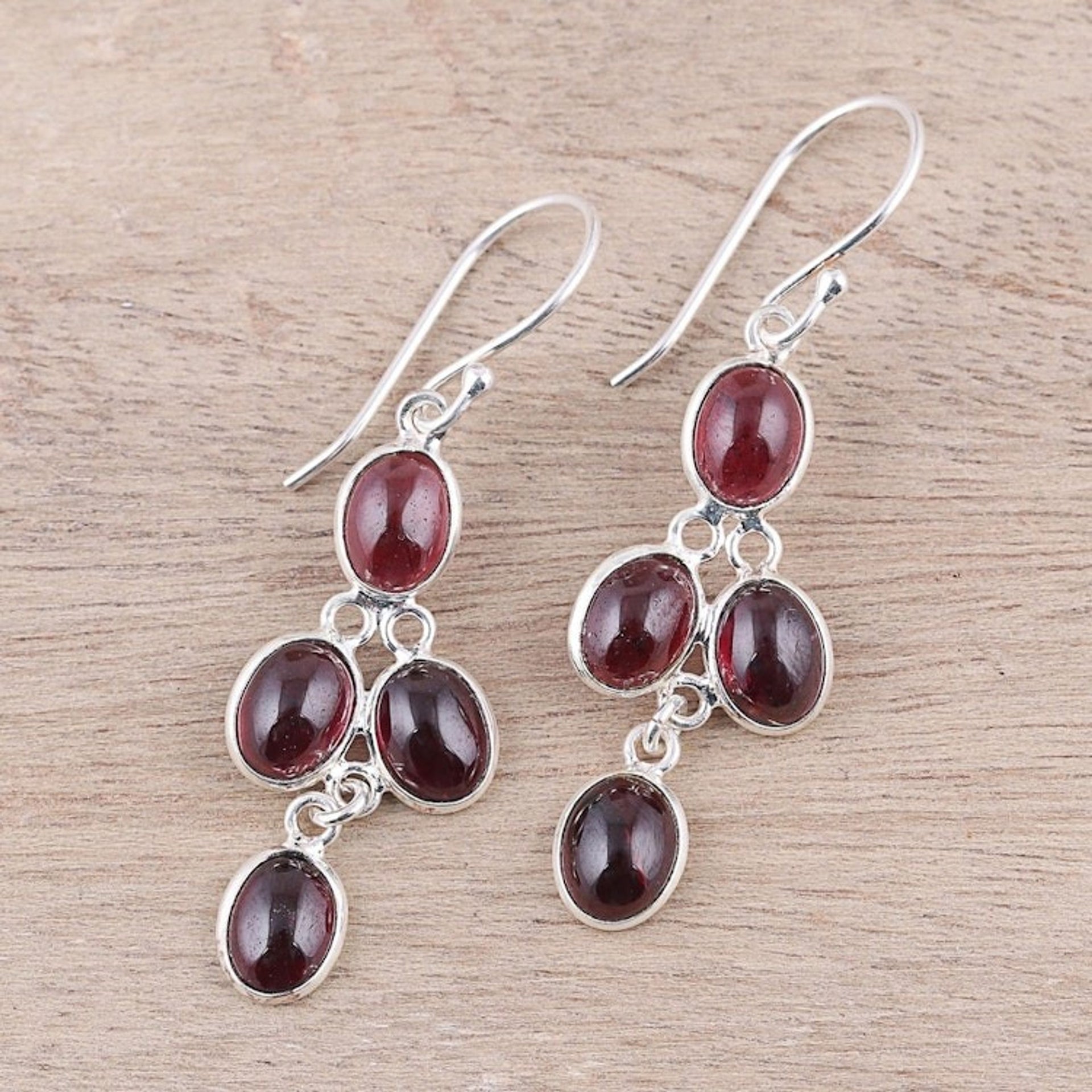 Dangle Earrings with Eight Garnet Stones Crafted in India 'Scarlet Ovals'