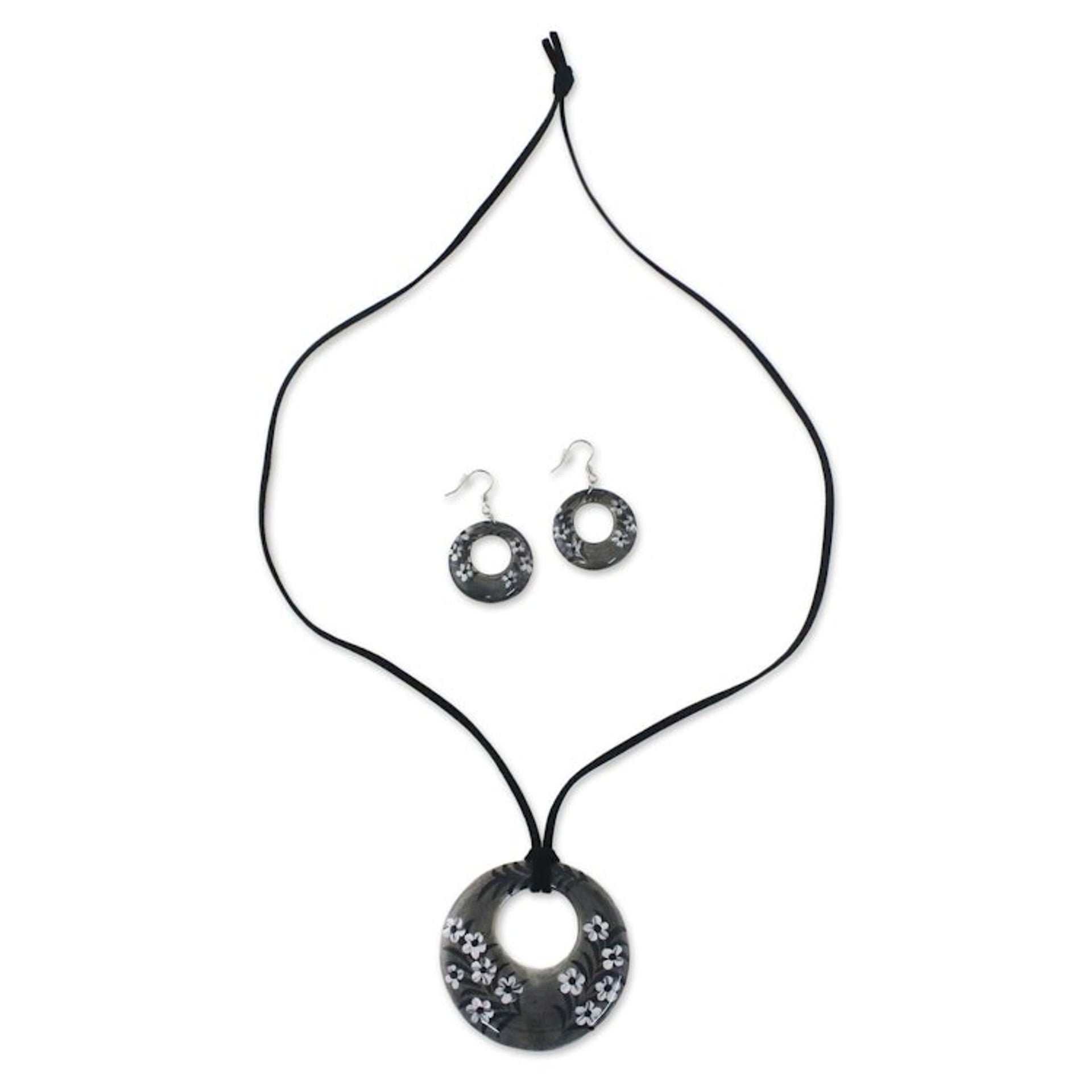 Ceramic Black Floral Pendant Necklace Dangle Earrings Set 'Blooming Midnight'