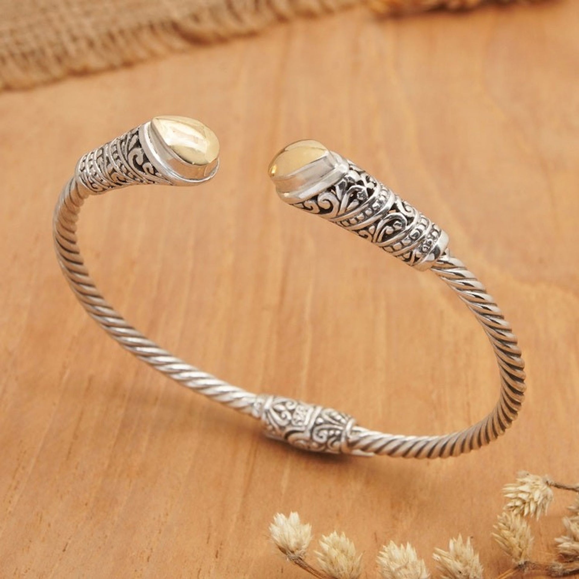Polished Sterling Silver Cuff Bracelet with Gold Accents 'Gianyar's Soul'