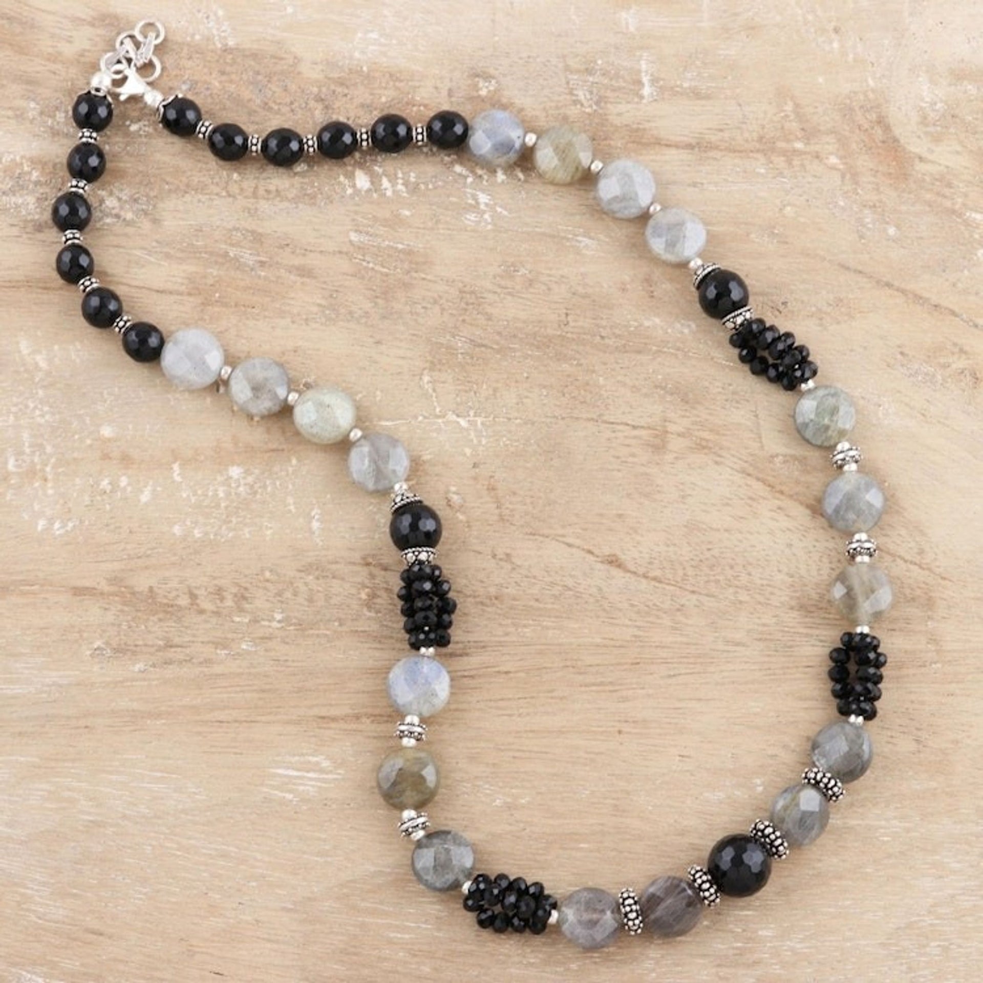 Onyx and labradorite beaded necklace 'Mysterious Moonlight'