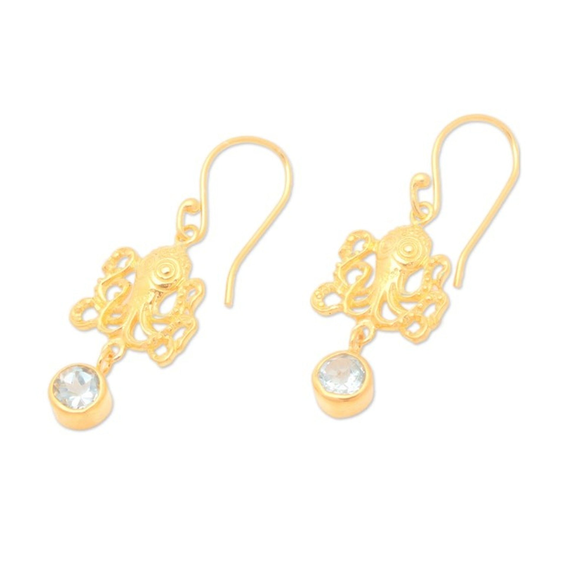 22k Gold-Plated Octopus Dangle Earrings with Blue Topaz Gems 'Golden Sage of the Sea'