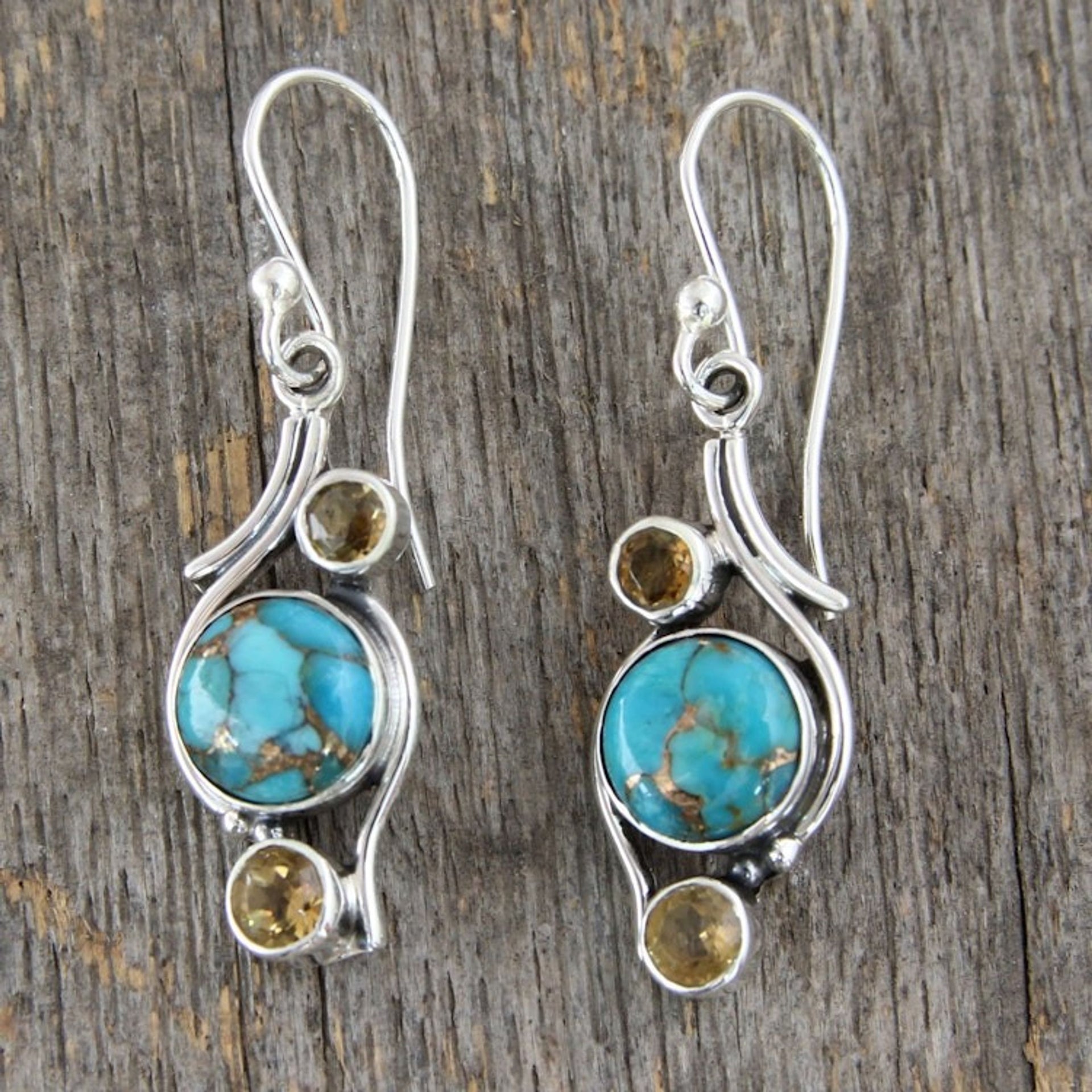 .925 Silver Earrings with Citrine and Composite Turquoise 'Golden Sky'