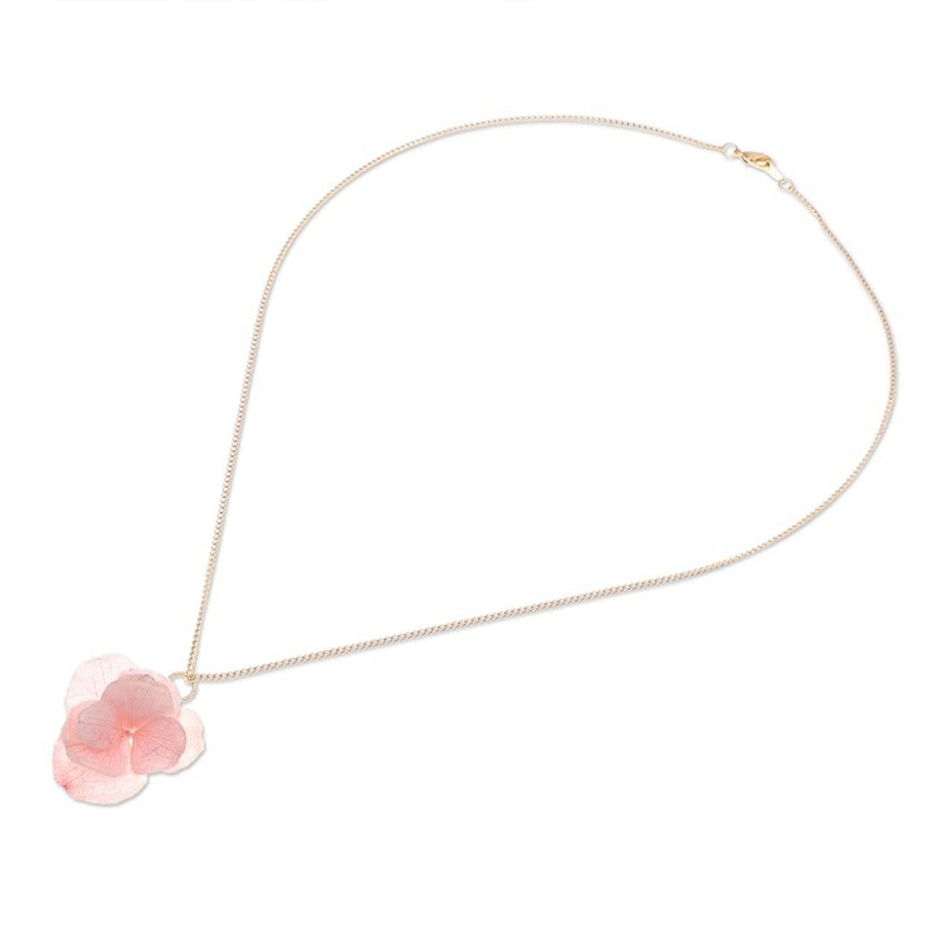 Gold-Plated Pink Hydrangea Petal Pendant Necklace 'Wild Hydrangea in Pink'