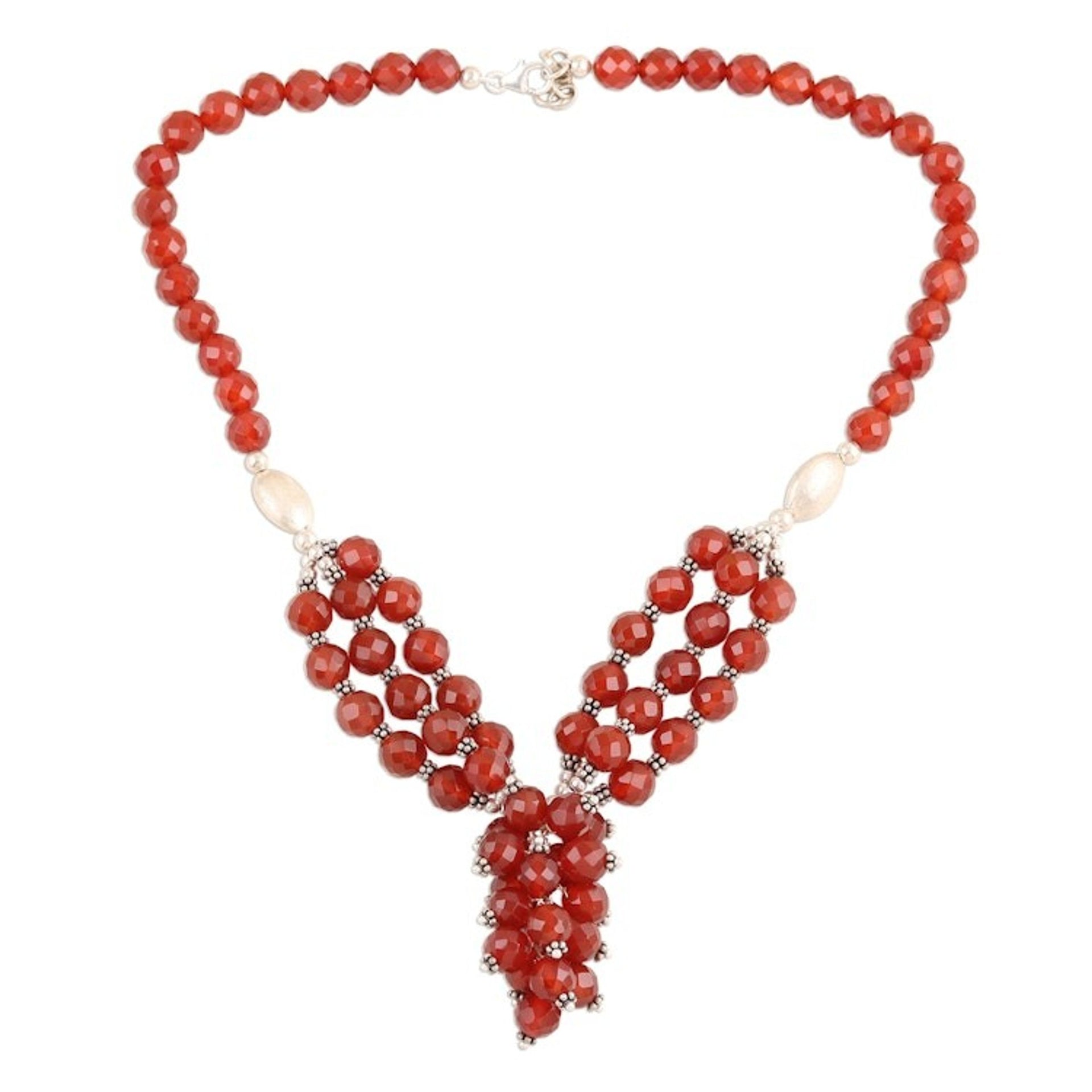 Red Onyx Beaded Pendant Necklace from India 'Dazzling Bouquet'