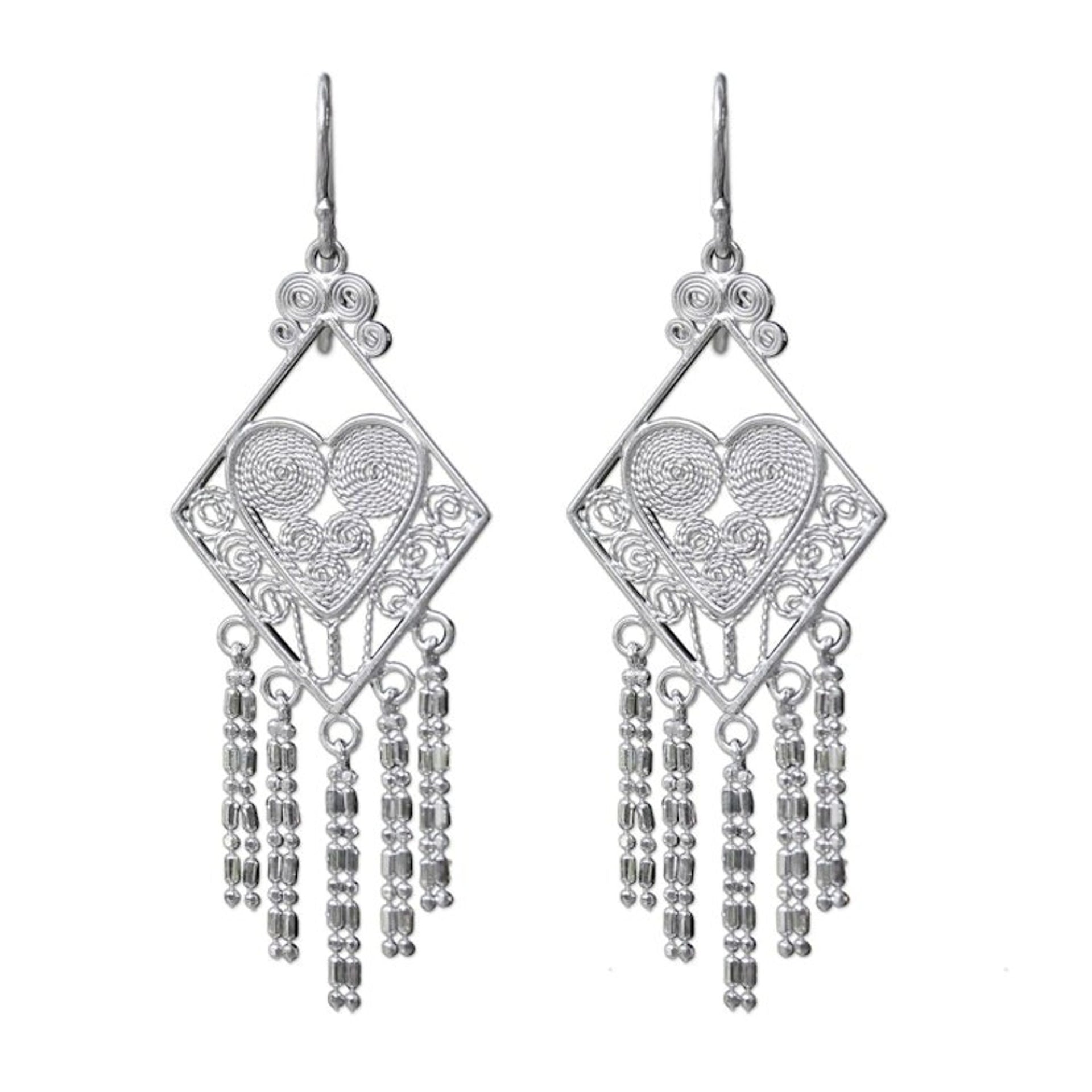 Thai Sterling Silver Diamond Shaped Chandelier Earrings 'Diamond Hearts'