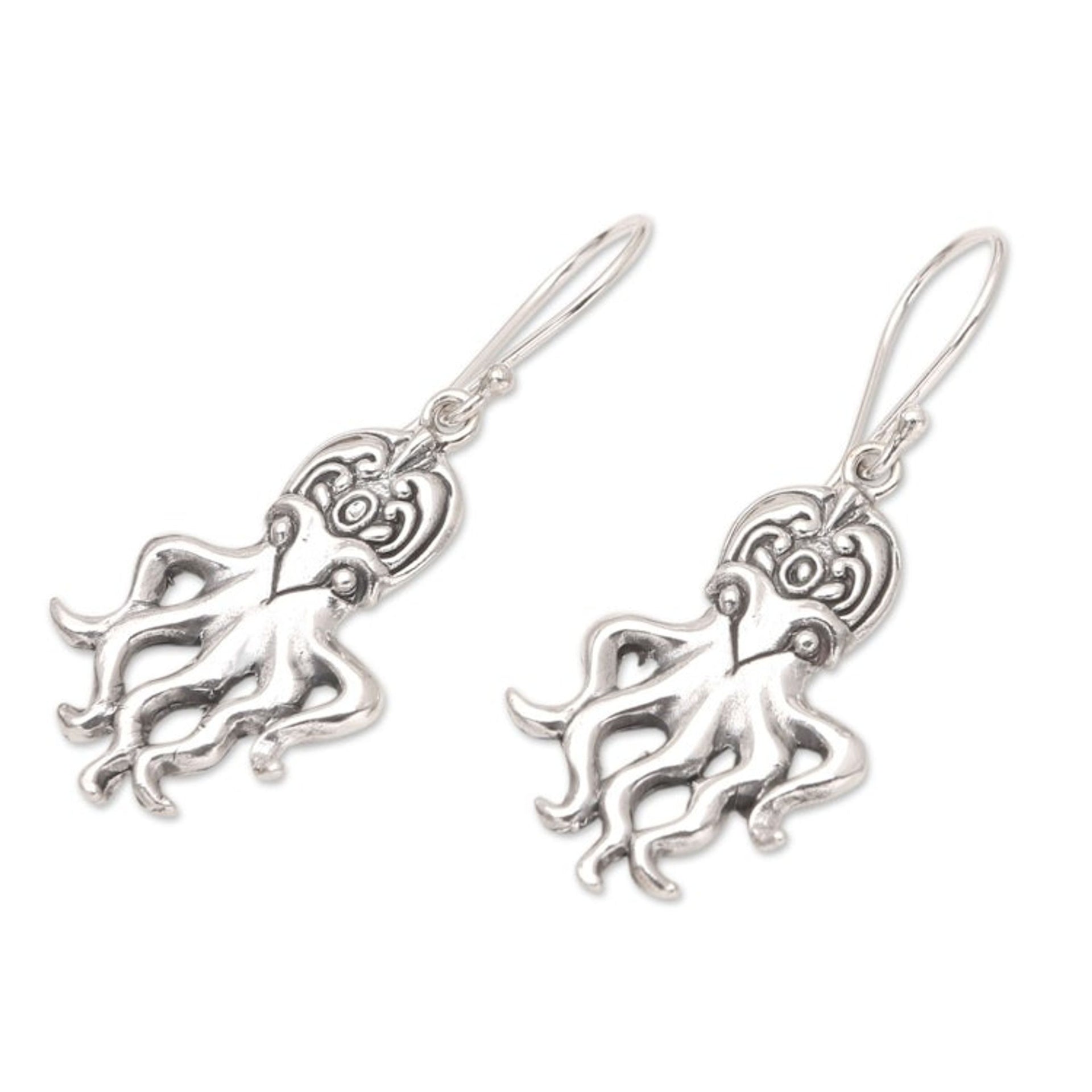 Sterling Silver Dangle Earrings with Octopus Motif 'Deep Sea Spirit'