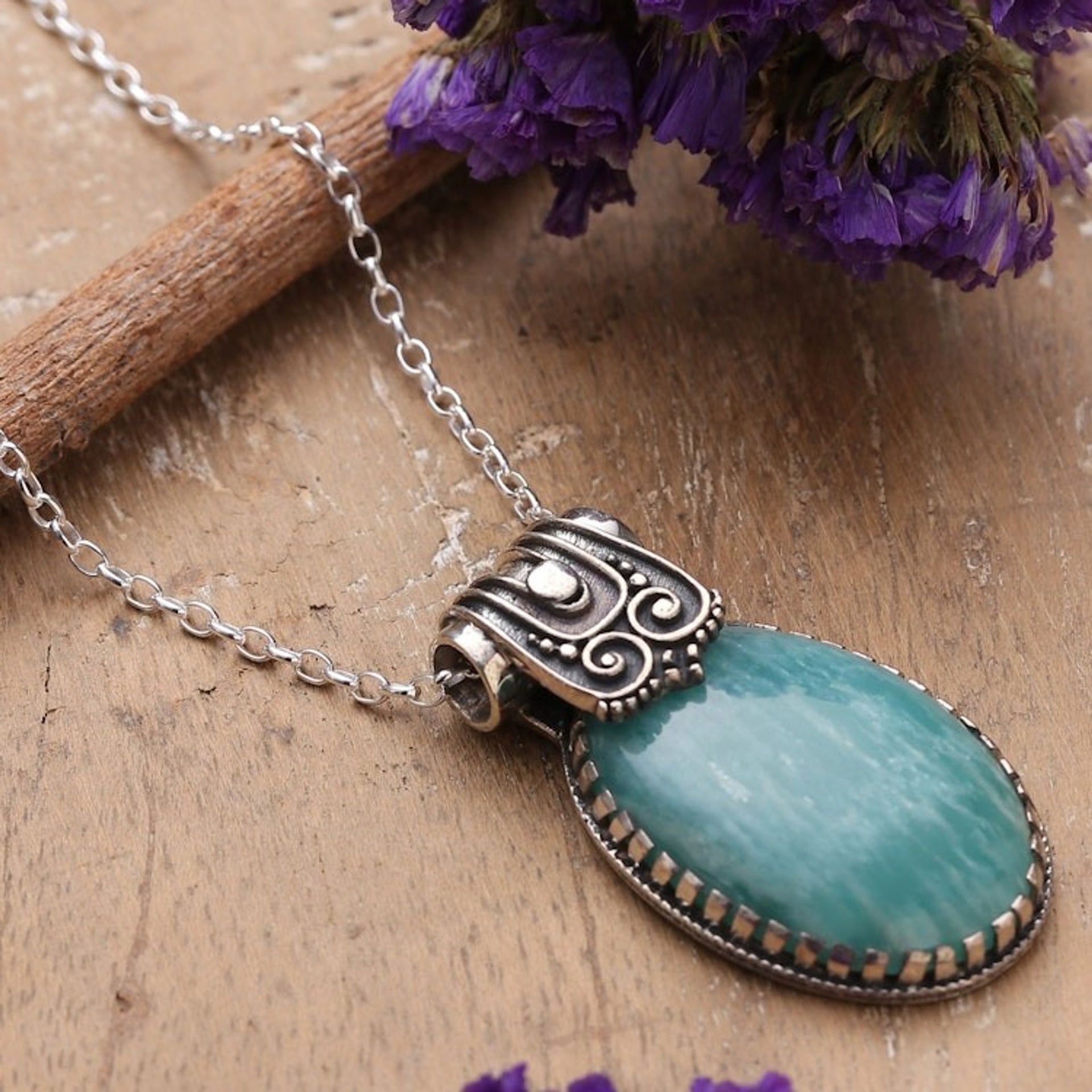 Polished Traditional Amazonite Cabochon Pendant Necklace 'Royal Waters'