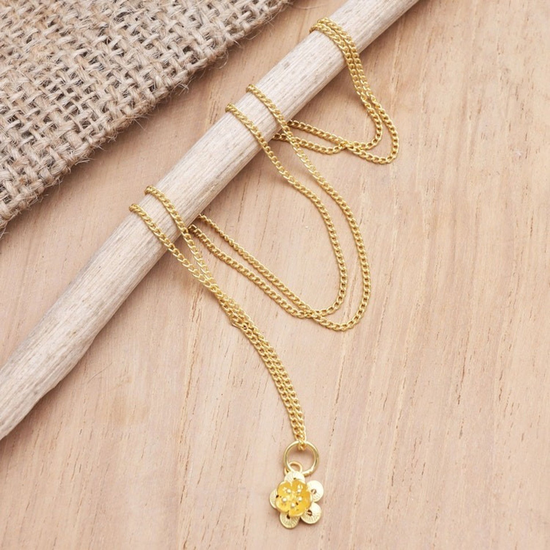 Gold-Plated Sterling Silver Filigree Pendant Necklace 'Strawberry Flower'