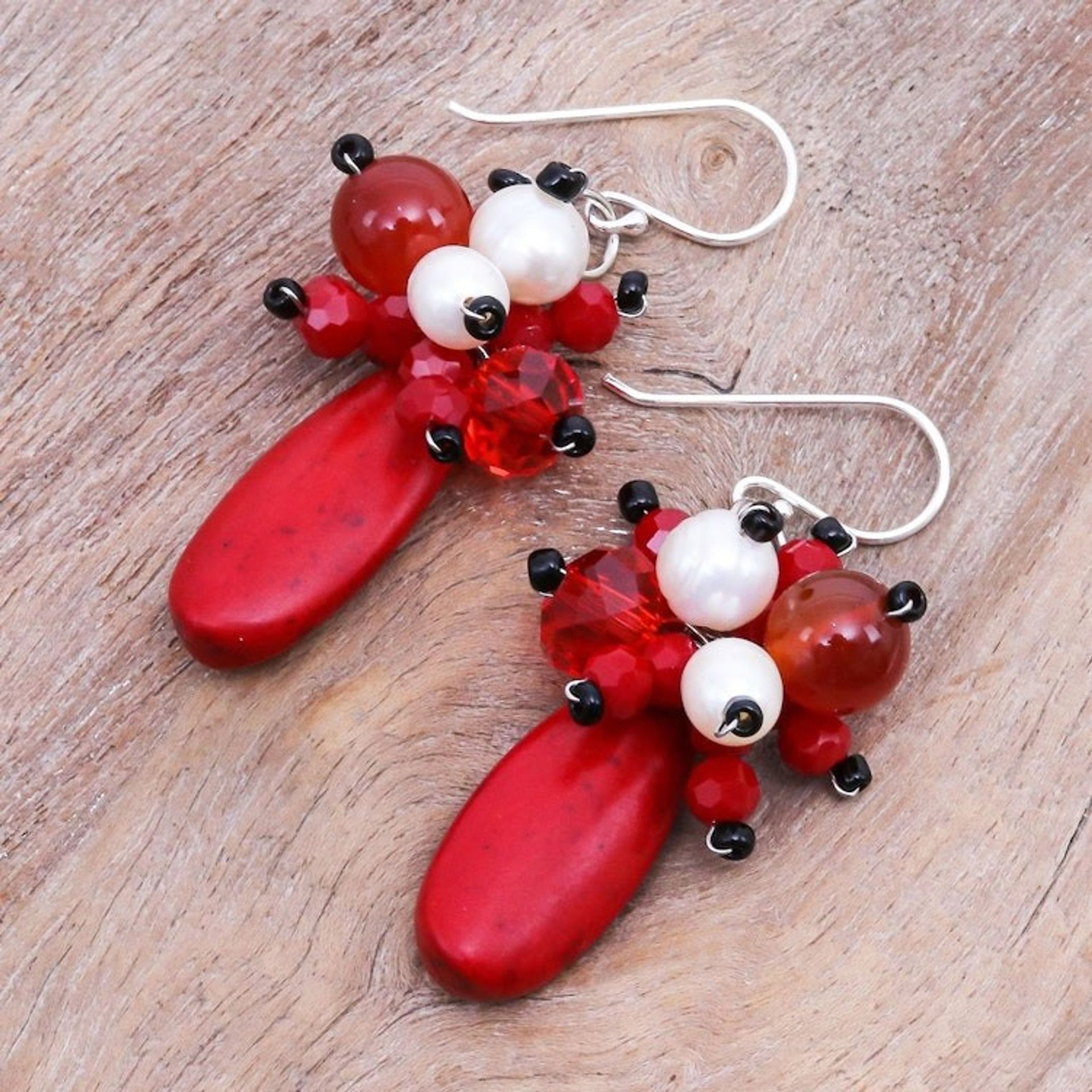 Carnelian and Cultured Freshwater Pearl Dangle Earrings 'Space Candy in Red'