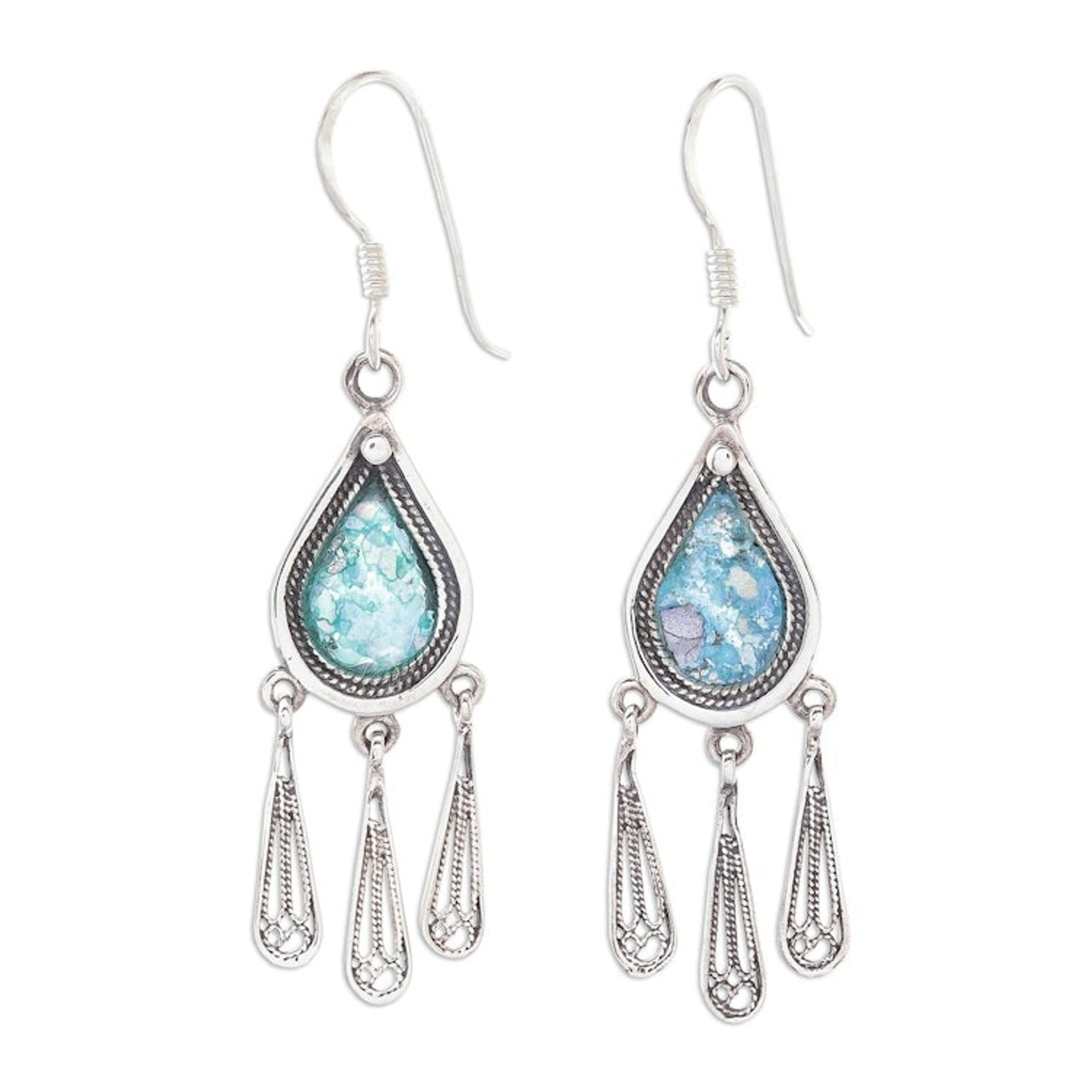 Drop-Shaped Roman Glass Chandelier Earrings from Thailand 'Ancient Rain'