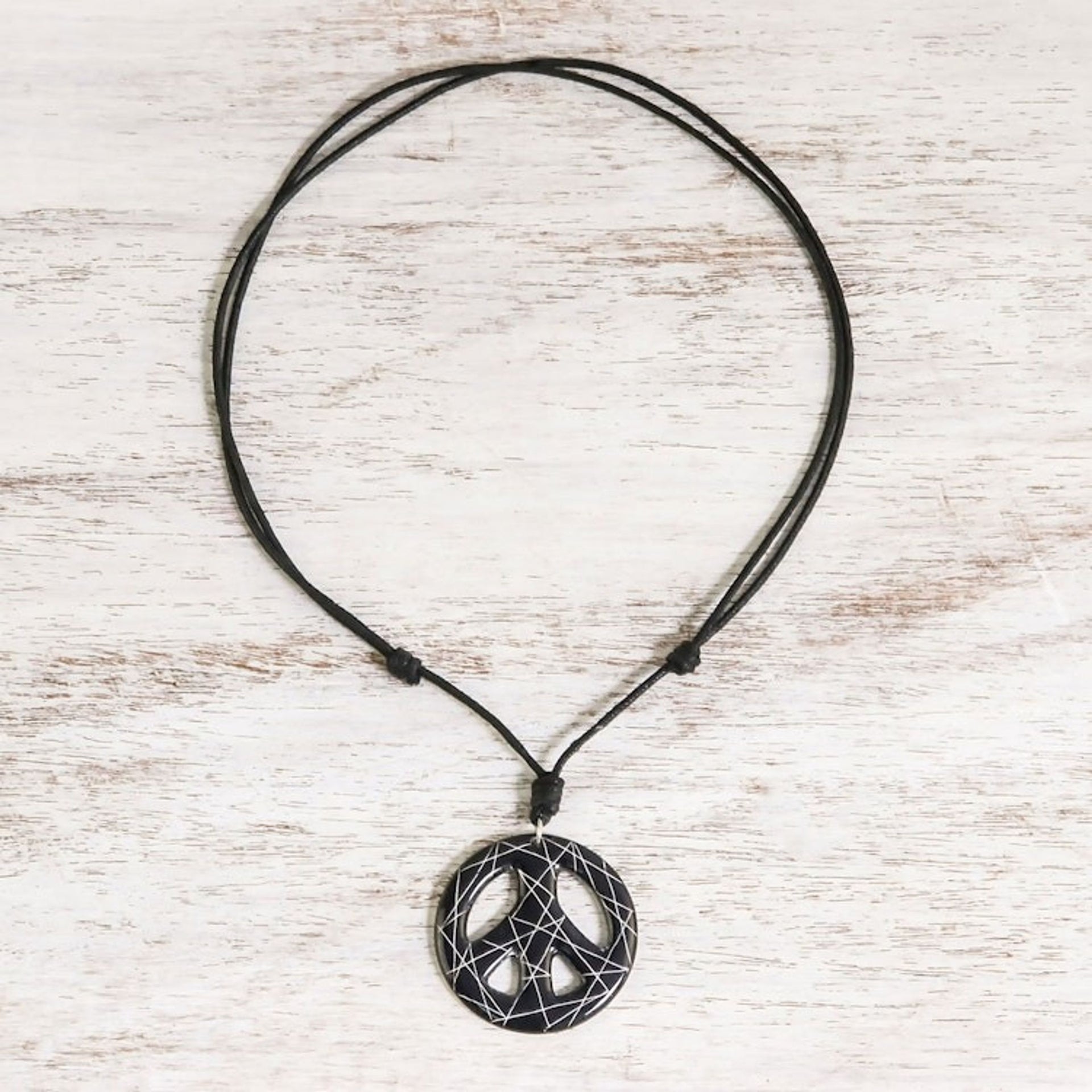 Hand-Painted Ceramic Peace Necklace in Black from Thailand 'Bring Peace in Black'