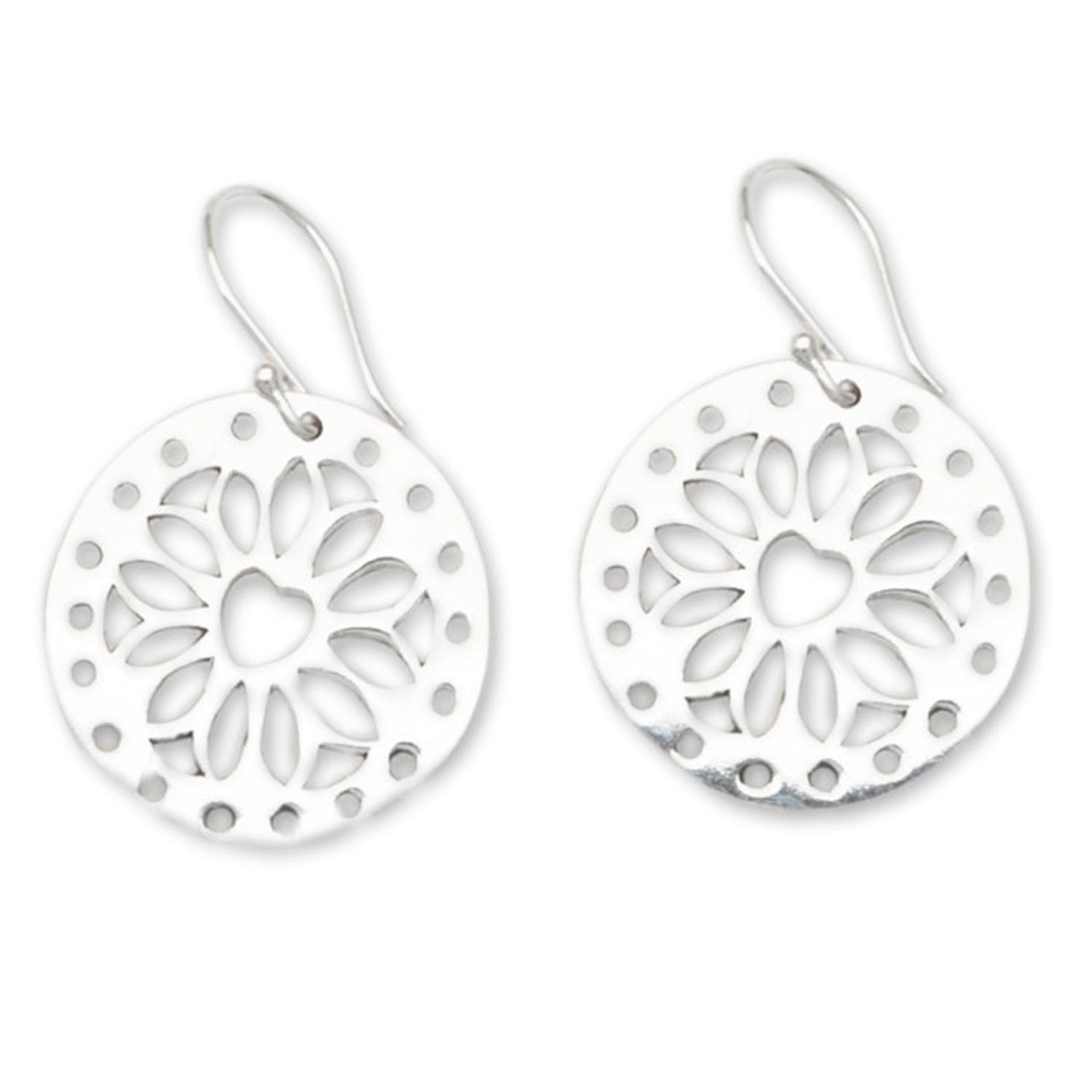Lotus and Heart-Themed Round Sterling Silver Dangle Earrings 'Lotus Whisper'