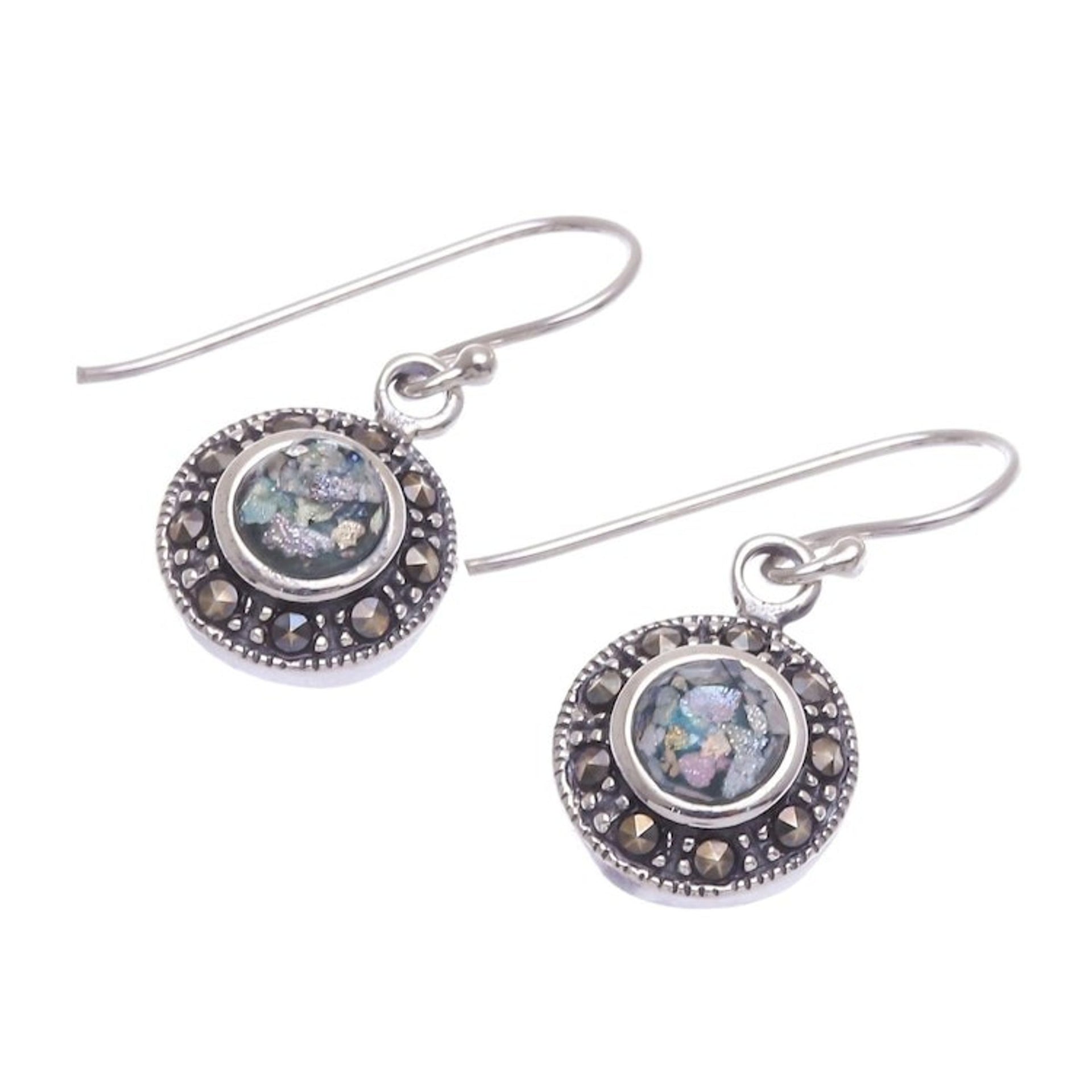 Marcasite and Roman Glass Dangle Earrings 'Arctic Night'