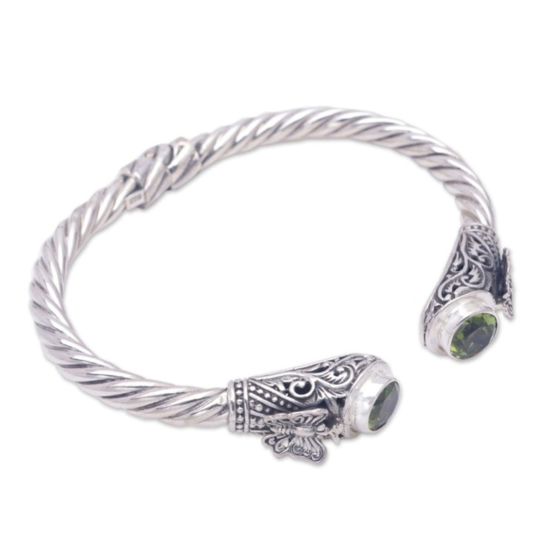 Sterling Silver Butterfly Cuff Bracelet with Peridot Stones 'Green Butterfly'