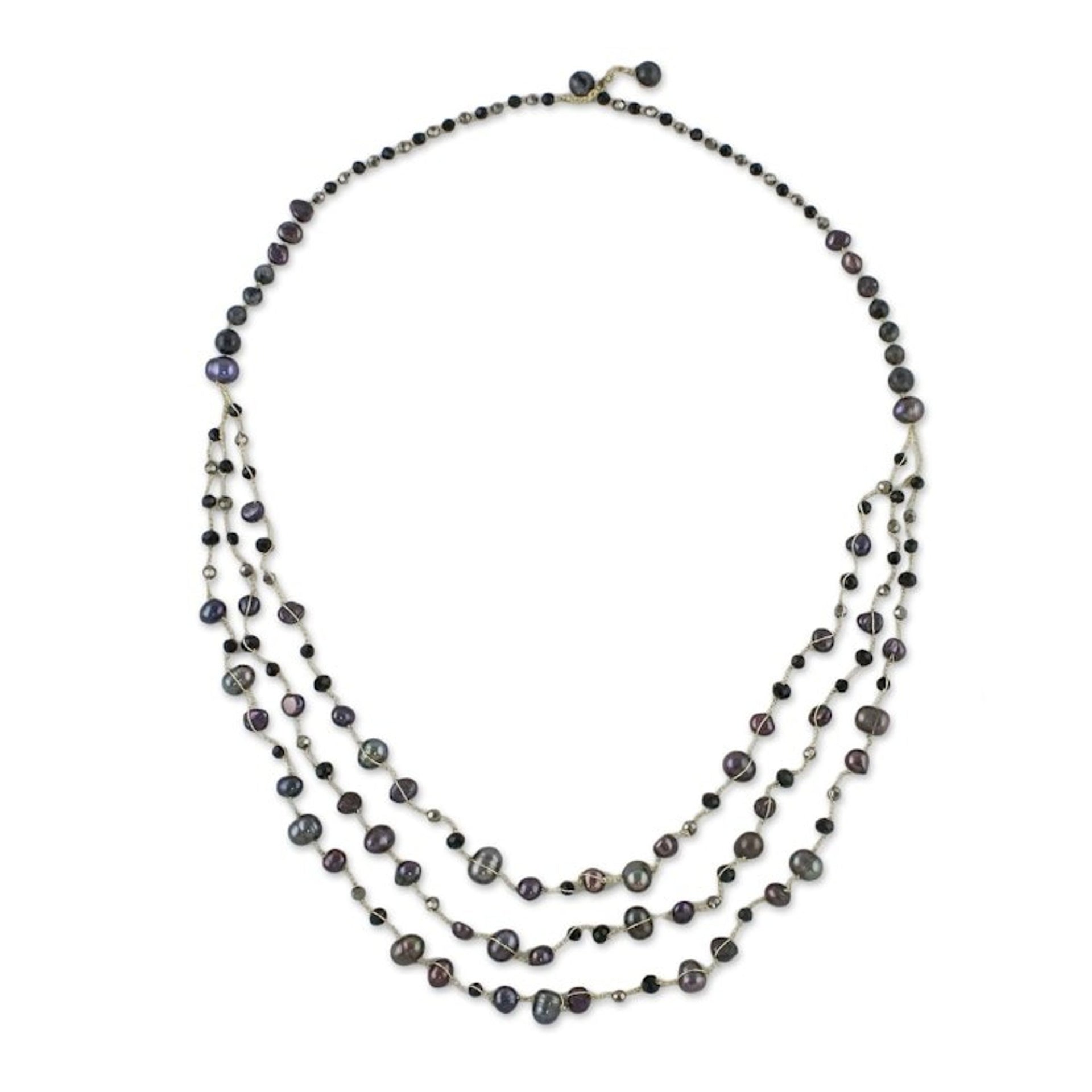 Cultured Pearl and Quartz Beaded Necklace from Thailand 'Festive Holiday in Black'