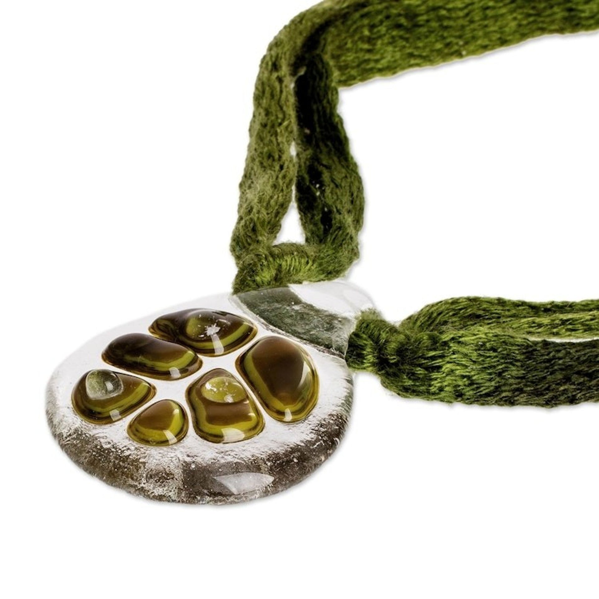Clear Drop Shaped Glass Pendant Necklace with Braided Cord 'Green Dewdrop Leaf'