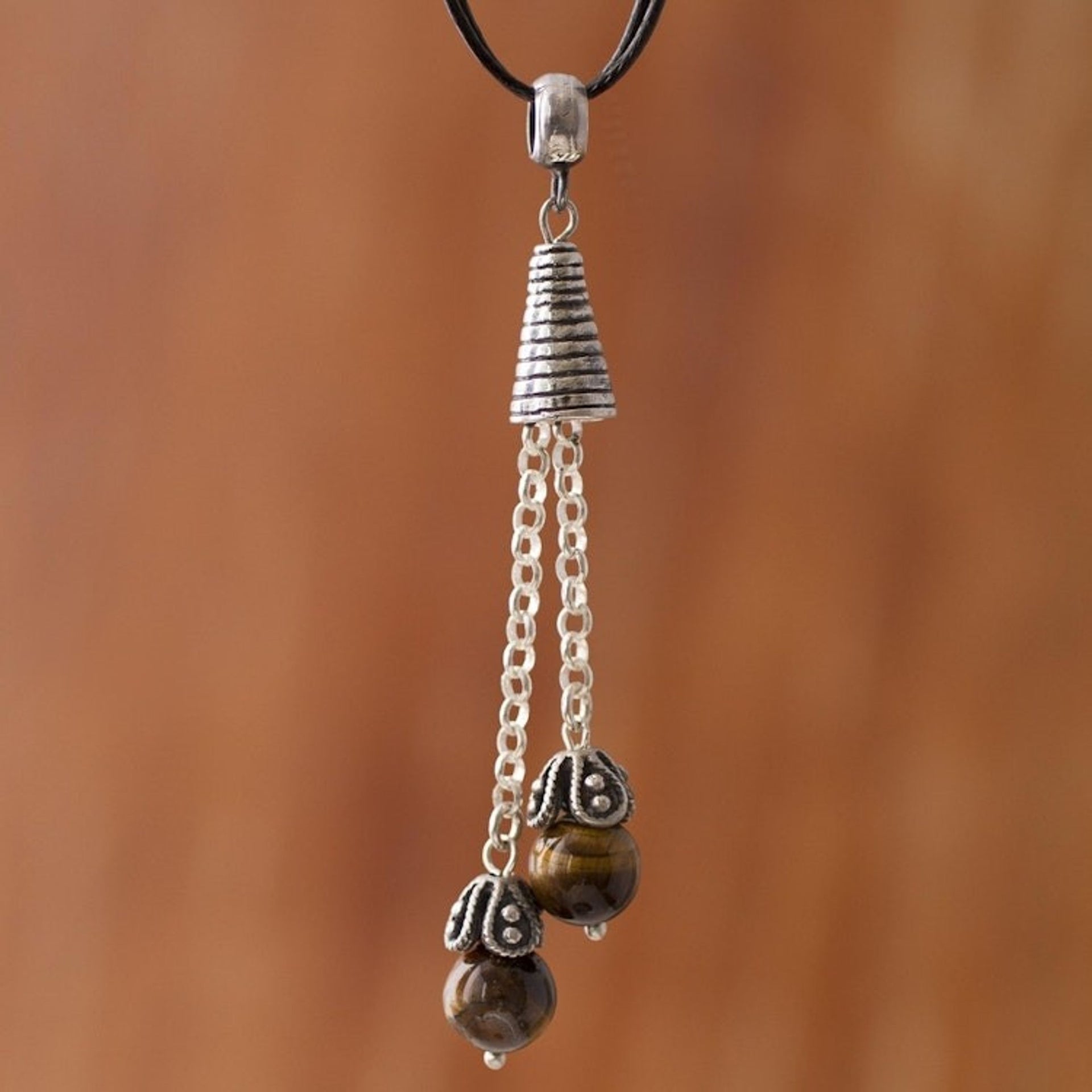 Tiger's Eye Pendant Necklace on Cotton Cord from Peru 'Floral Pendulums'