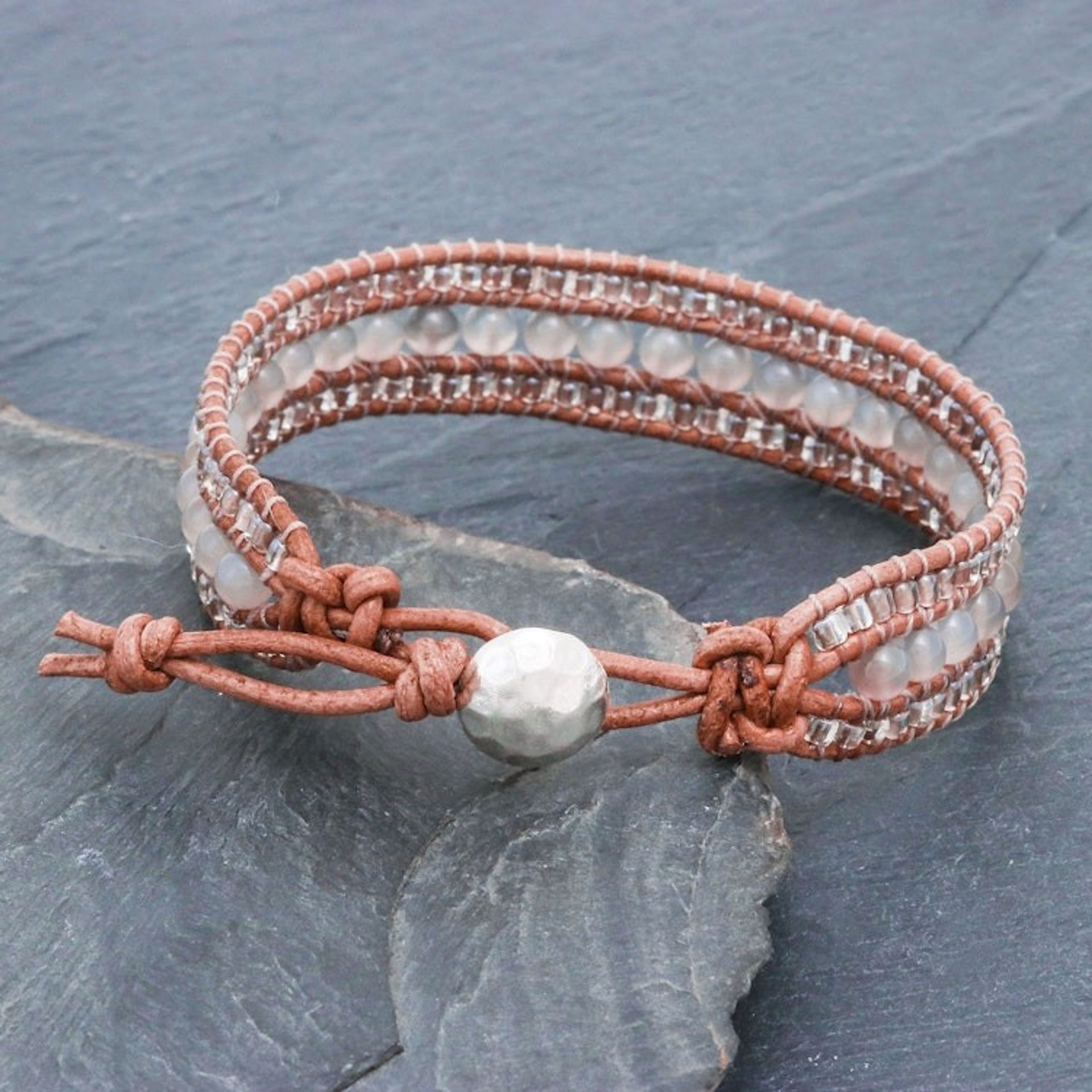 Chalcedony and Glass Bead Leather Bracelet 'Sidetracked'