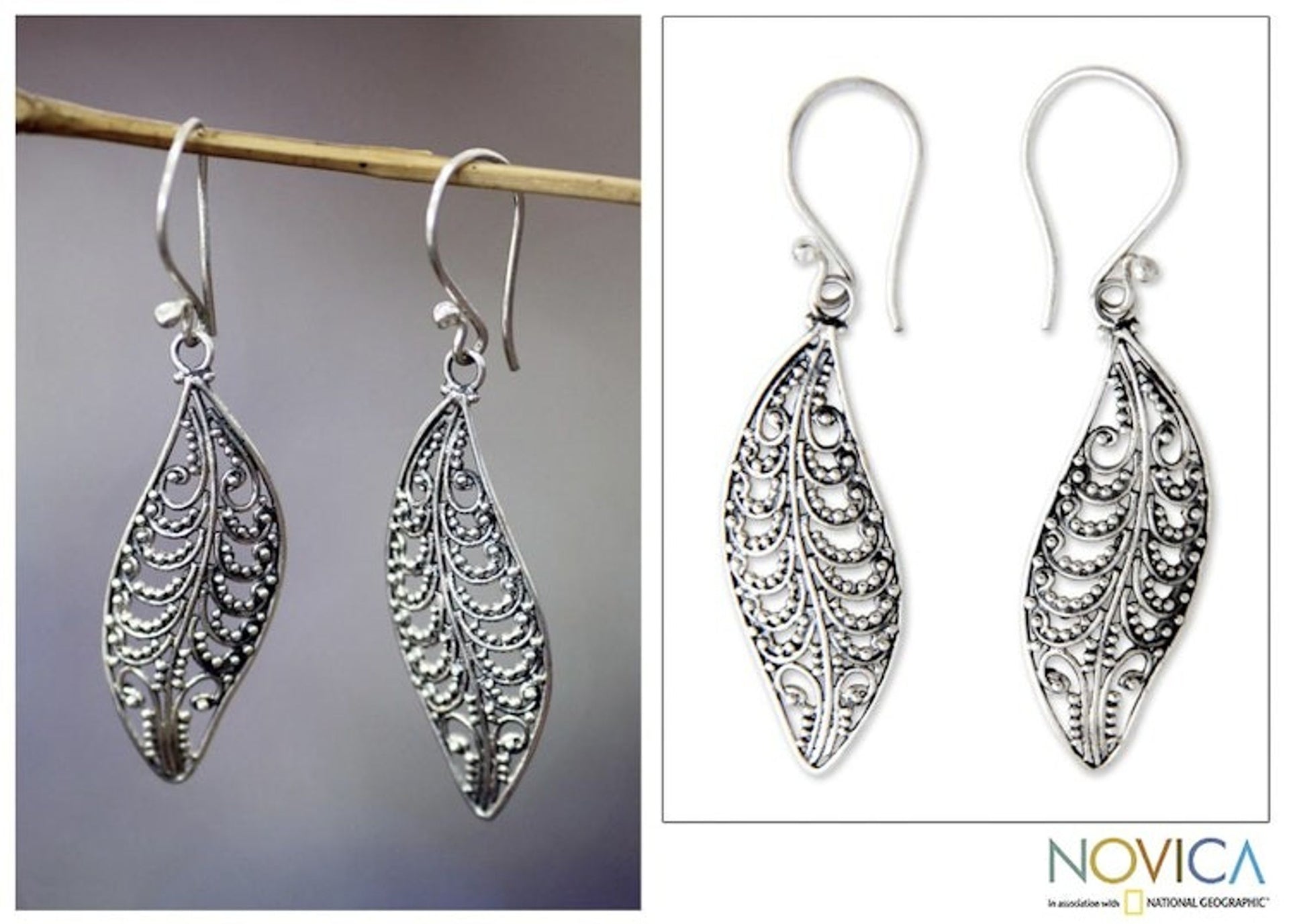 Unique Sterling Silver Dangle Earrings 'Plumeria Leaf'