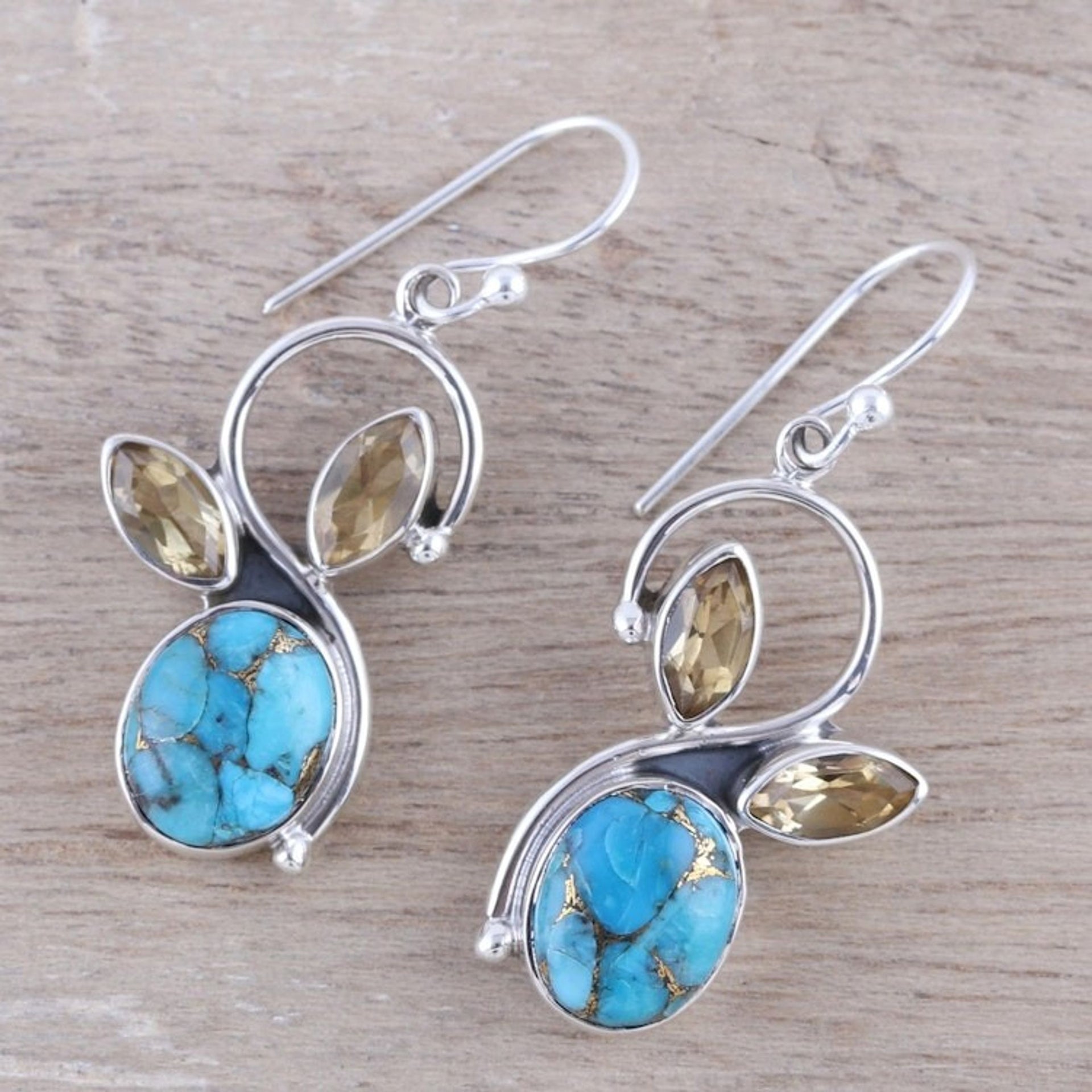 Citrine and Composite Turquoise Dangle Earrings from India 'Dazzling Sparkle'