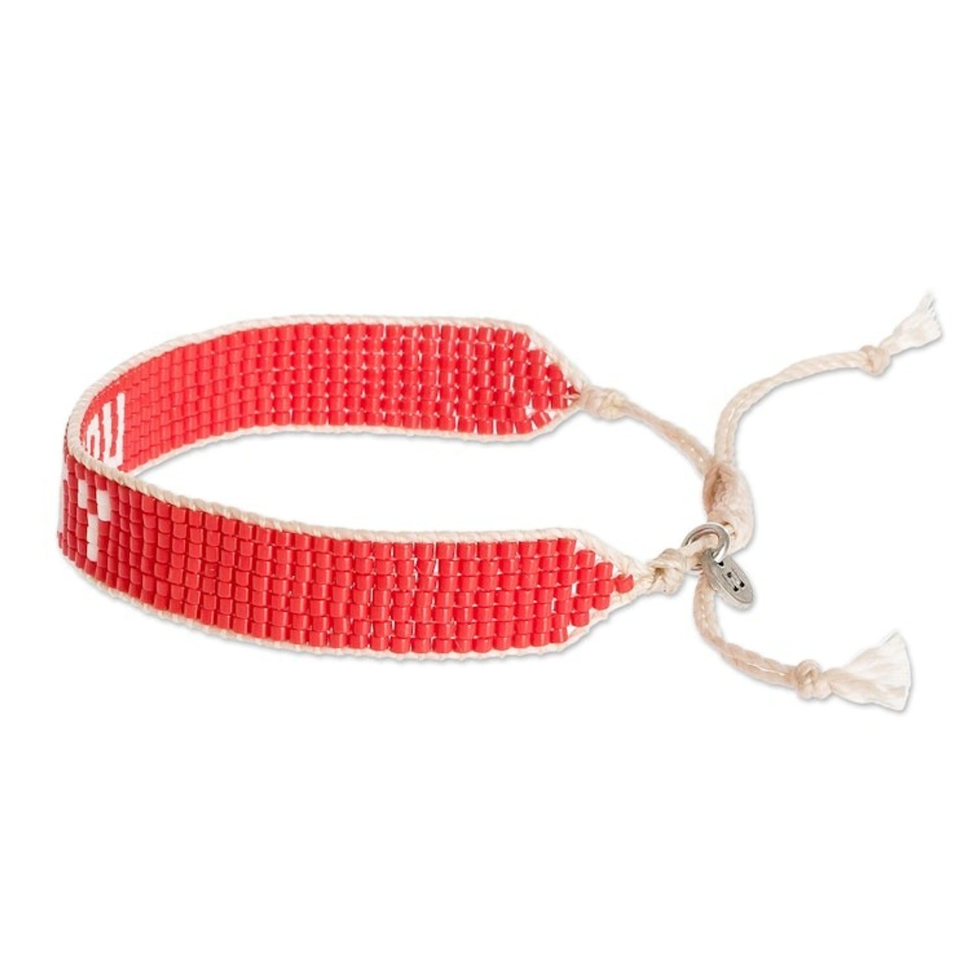 Red and White Glass Beaded Woven Bracelet with Sliding Knot 'Unity in Red'