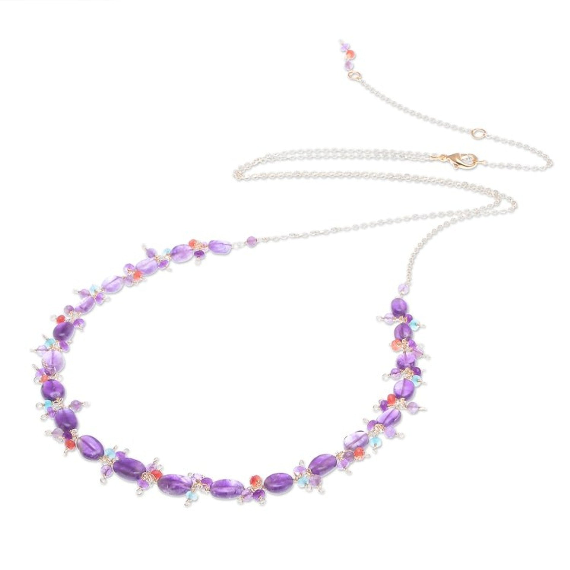 Gold Plated Necklace with Quartz and Amethyst Beads 'Sunset Mood in Violet'