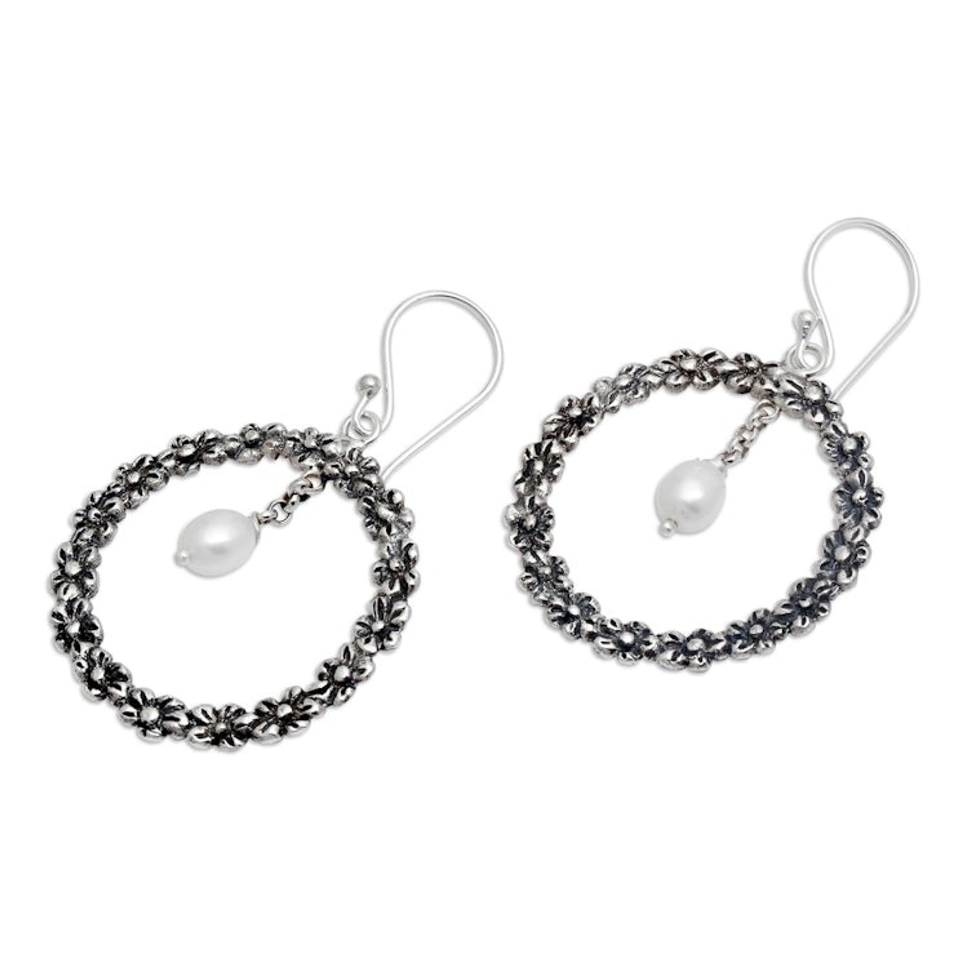 Plumeria-Themed Cultured Pearl Silver Dangle Earrings 'Plumeria Blossoms'