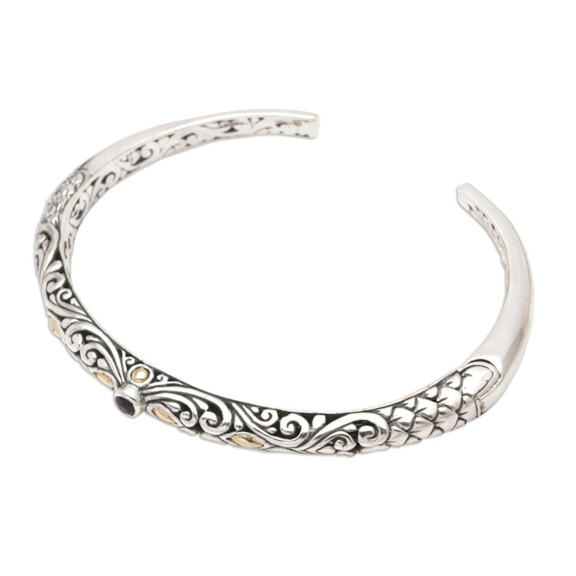 Handmade Balinese Gold Plate Accented Amethyst Cuff Bracelet 'Violet Woman'