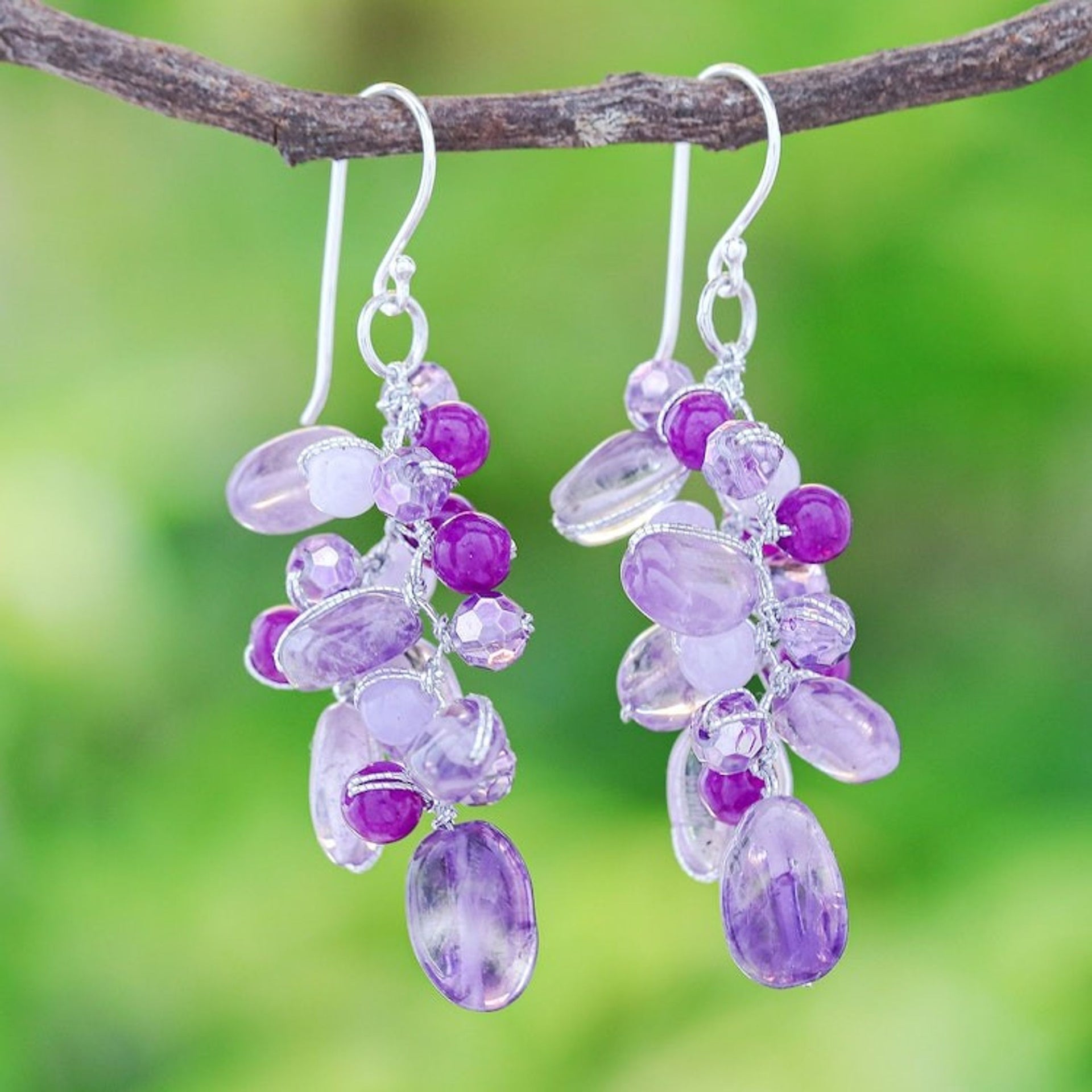 Amethyst and Quartz Beaded Dangle Earrings 'Grape Picking'