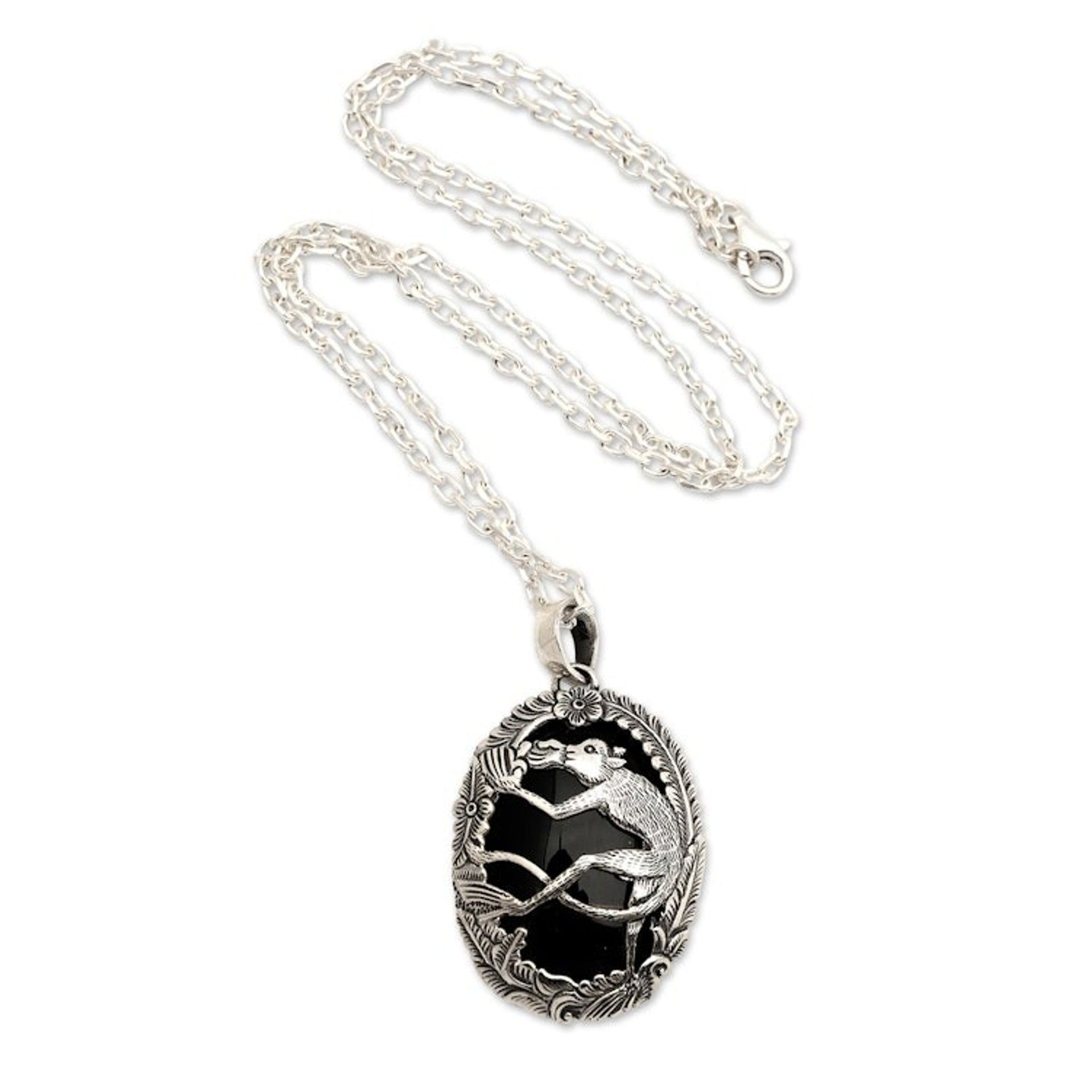 Onyx and 925 Silver Lemur Pendant Necklace from Bali 'Lemur Jungle'