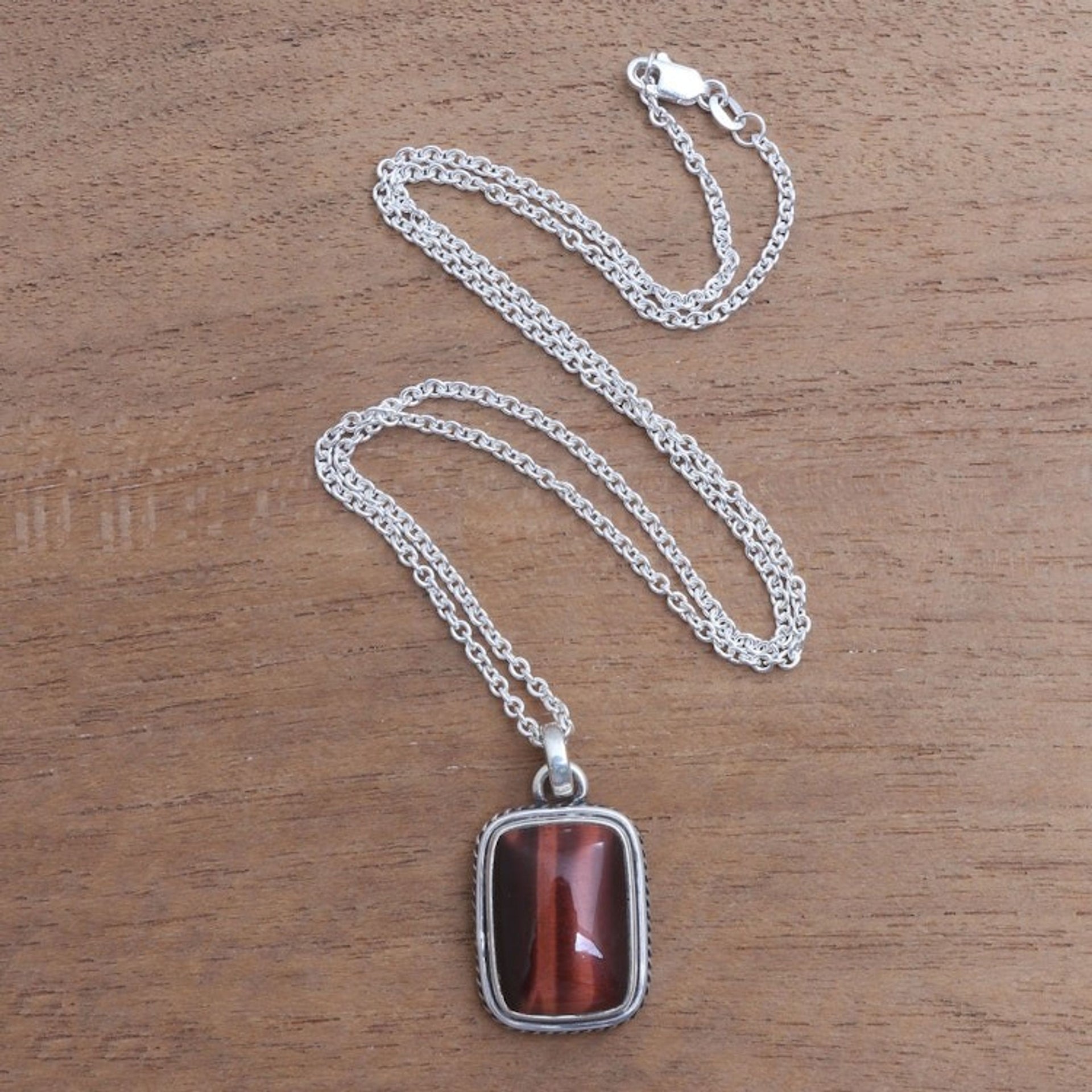 Rectangular Red Tiger's Eye Pendant Necklace from Bali 'Red Rectangle'