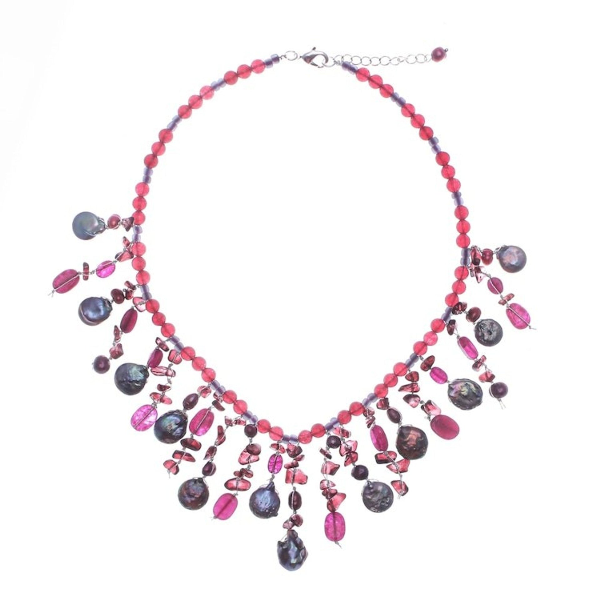 Thai Cultured Pearl and Garnet Waterfall Necklace 'Sugar Berry'