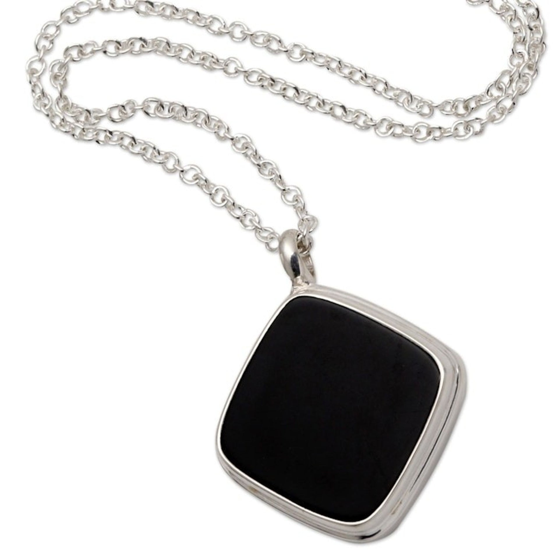 Sterling Silver Square Black Onyx Pendant Necklace 'Diagonal Square'