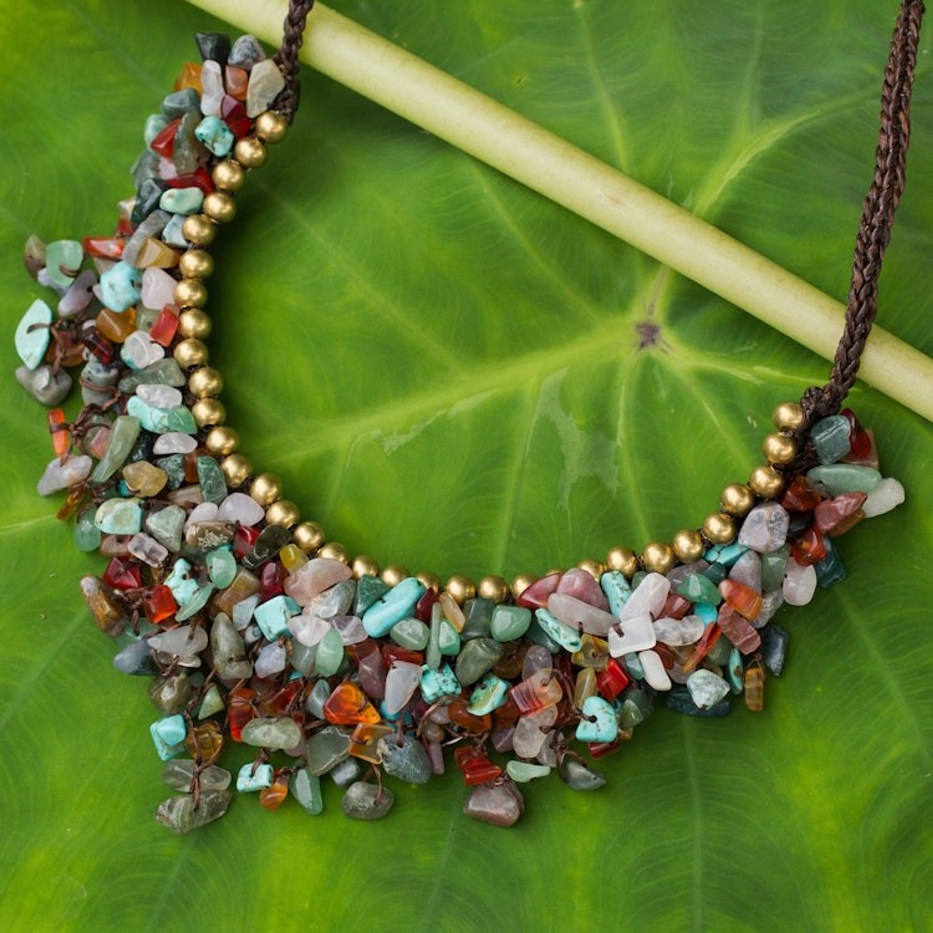Multicolor Gemstone Chip Necklace with Brass Accents 'Festive Party'