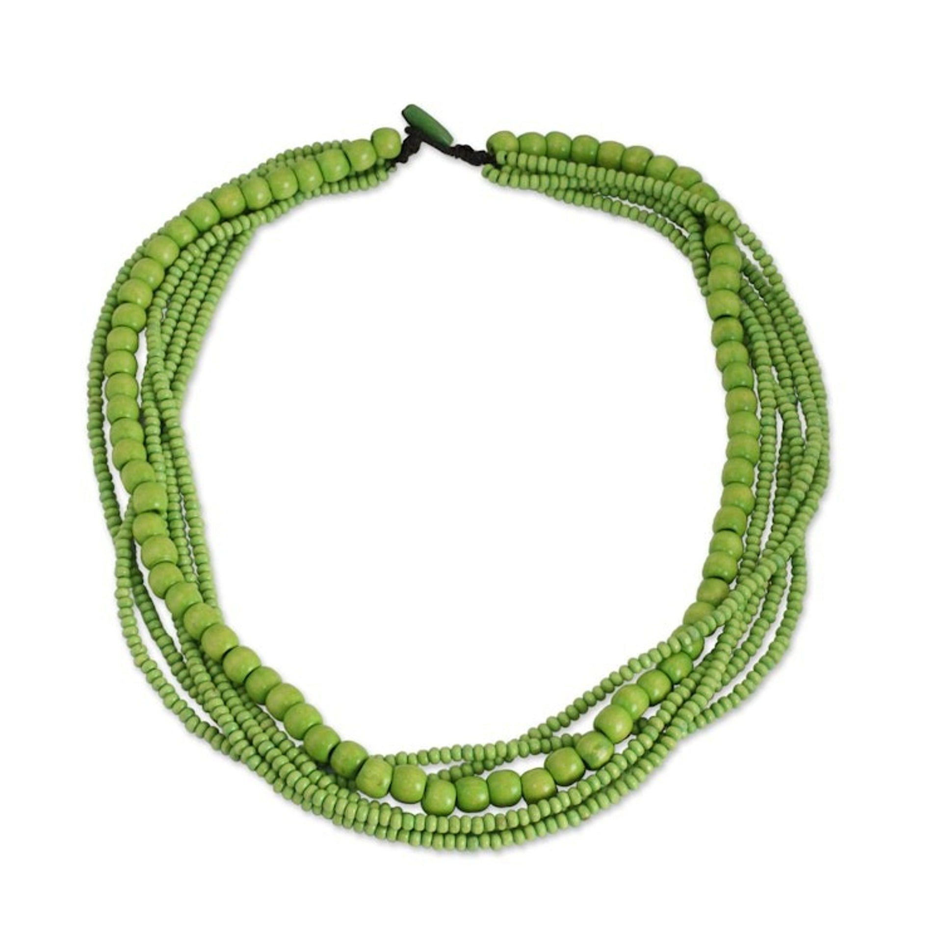 Long Multi Strand Bright Green Beaded Wood Necklace 'Oasis Dance'