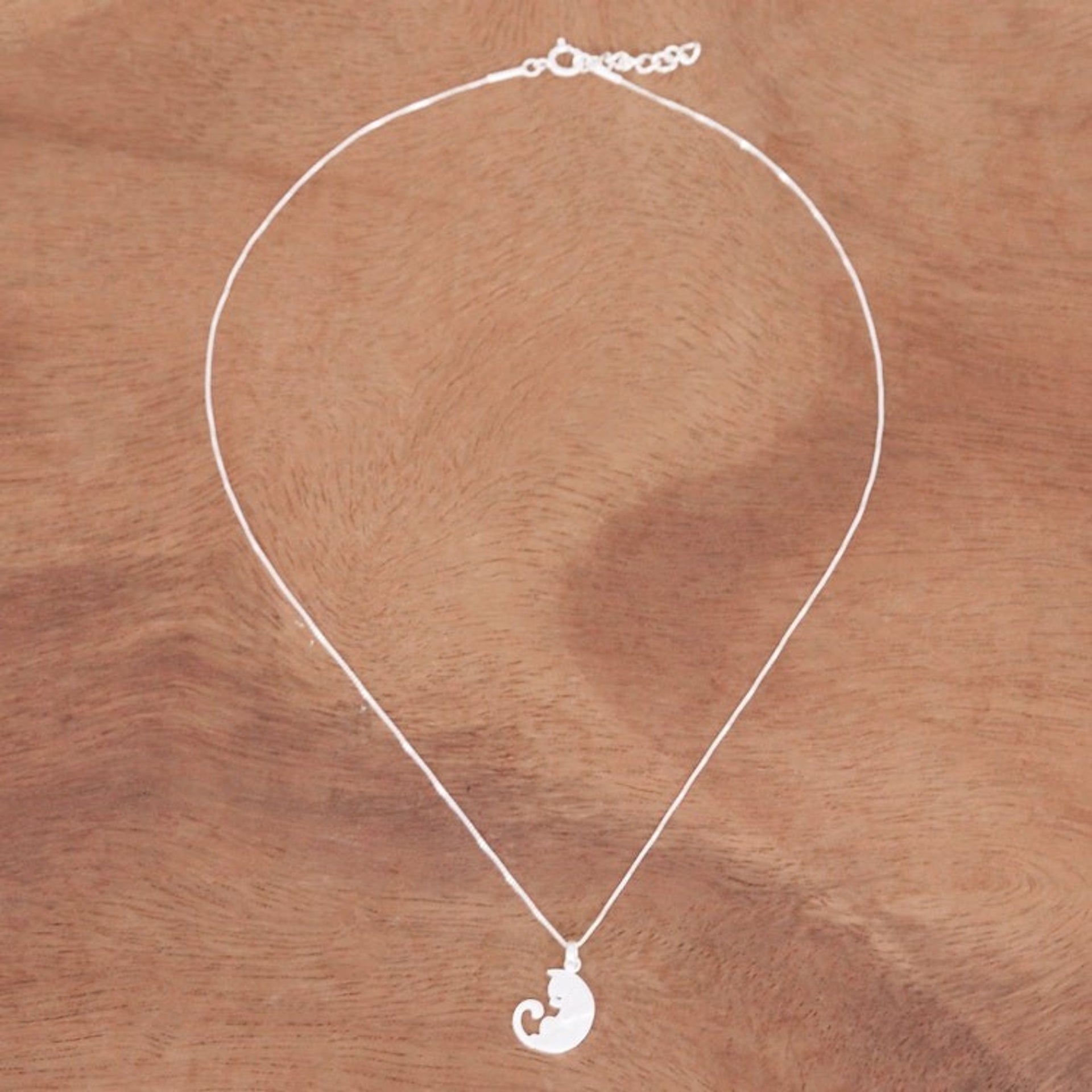 925 Silver Cat Pendant Necklace with Brushed-Satin Finish 'Lazy Cat'