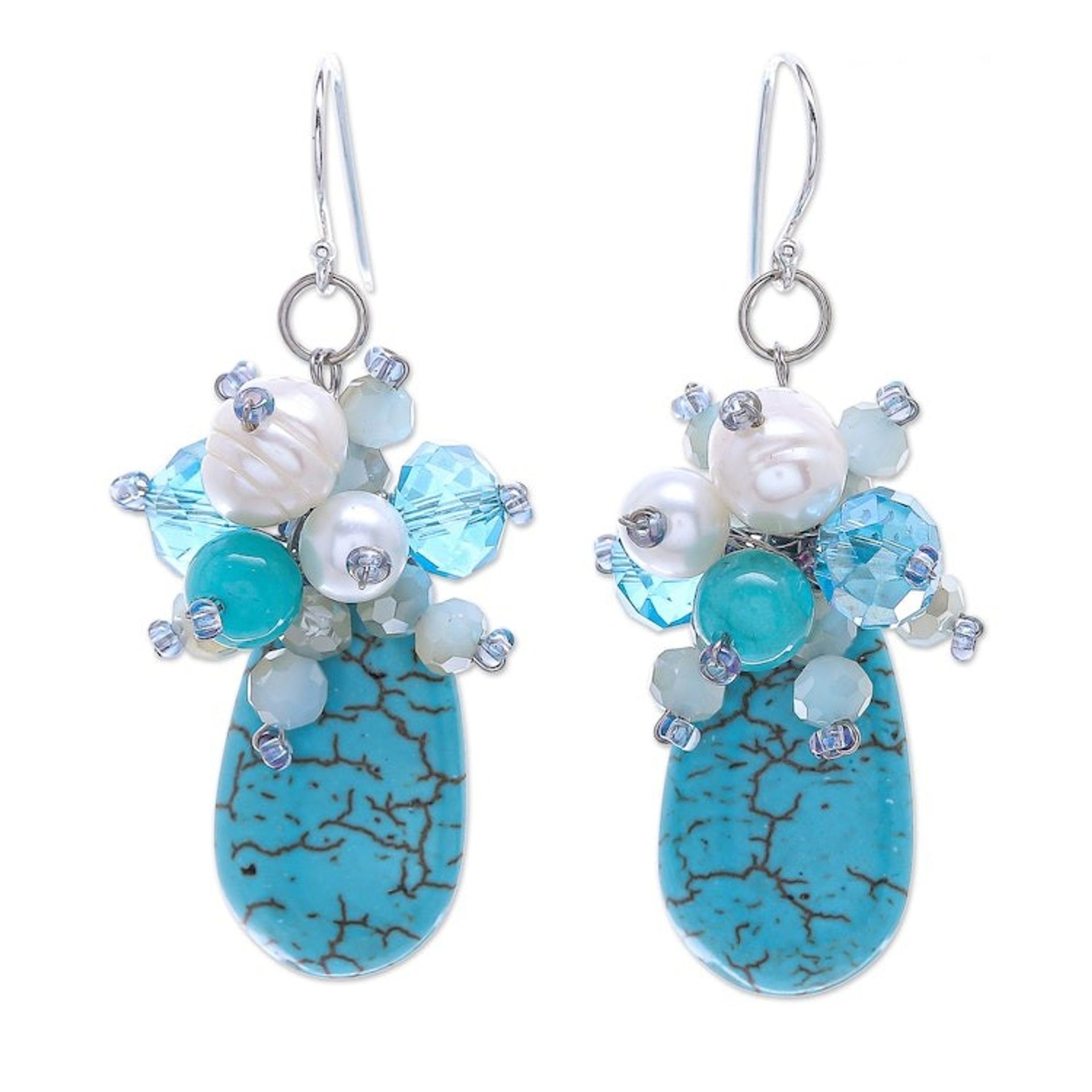 Howlite and Cultured Freshwater Pearl Dangle Earrings 'Space Candy in Blue'