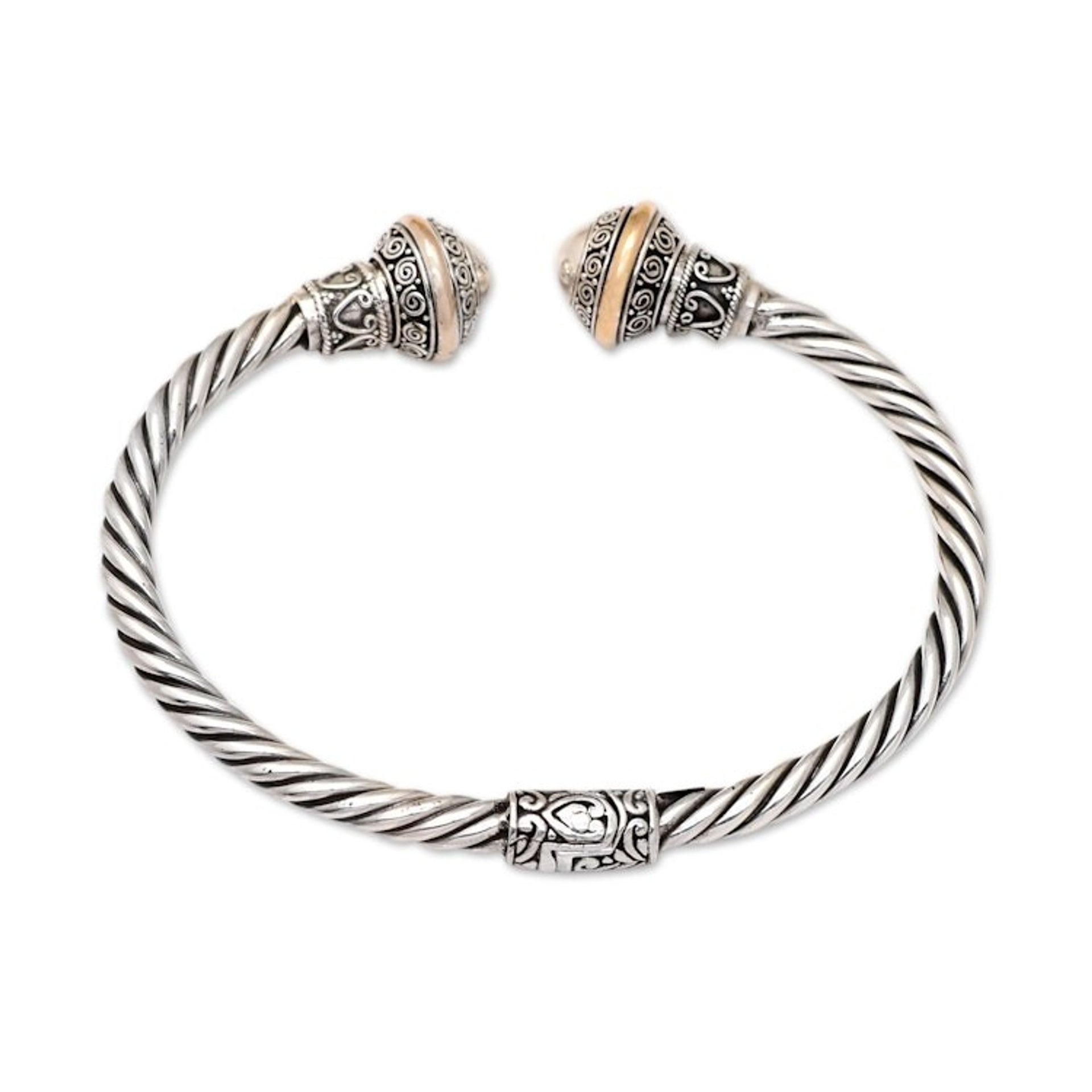 Traditional 18k Gold-Accented Sterling Silver Cuff Bracelet 'Paradisiacal Harmony'
