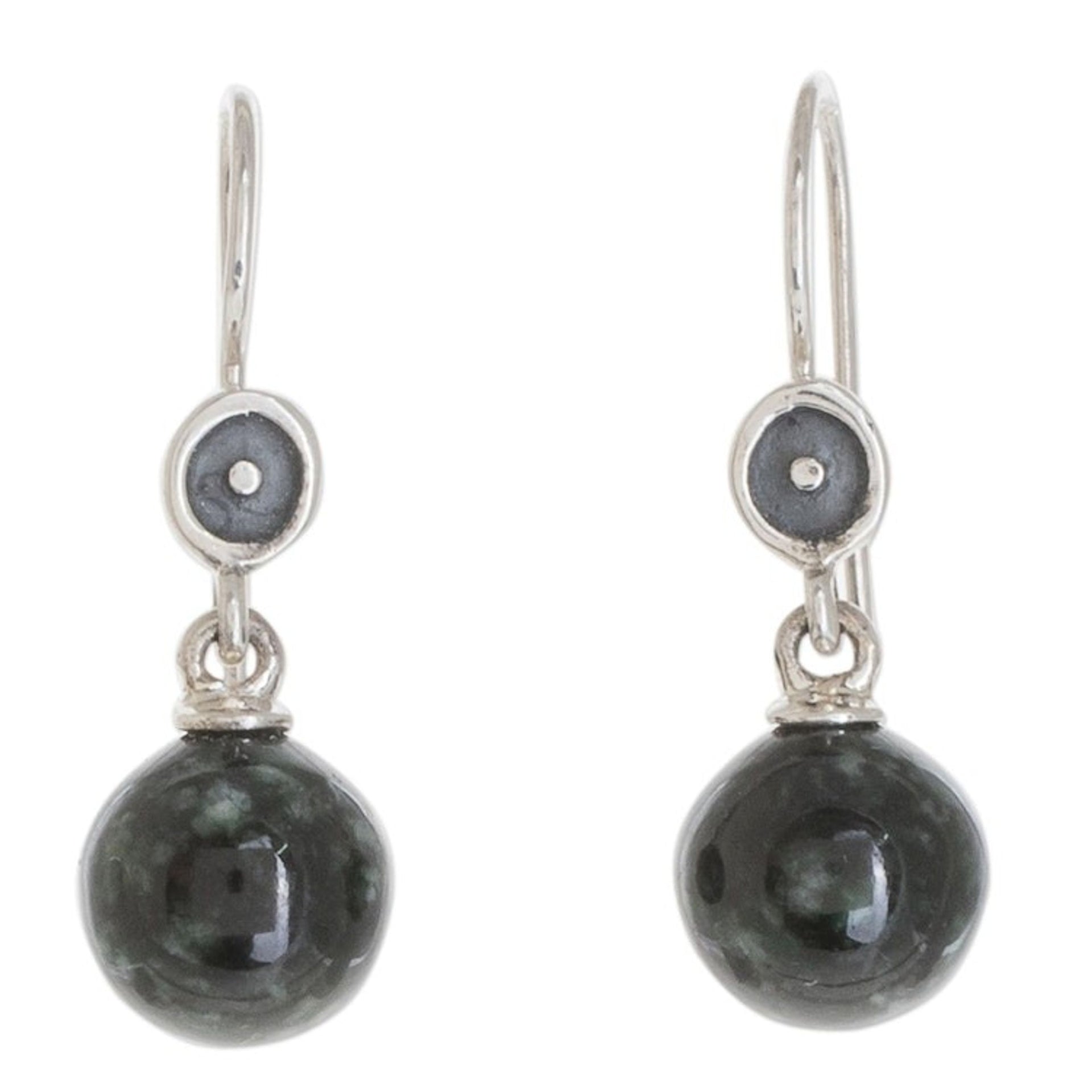 Dark Green Jade Dangle Earrings from Guatemala 'Magic Orbs'