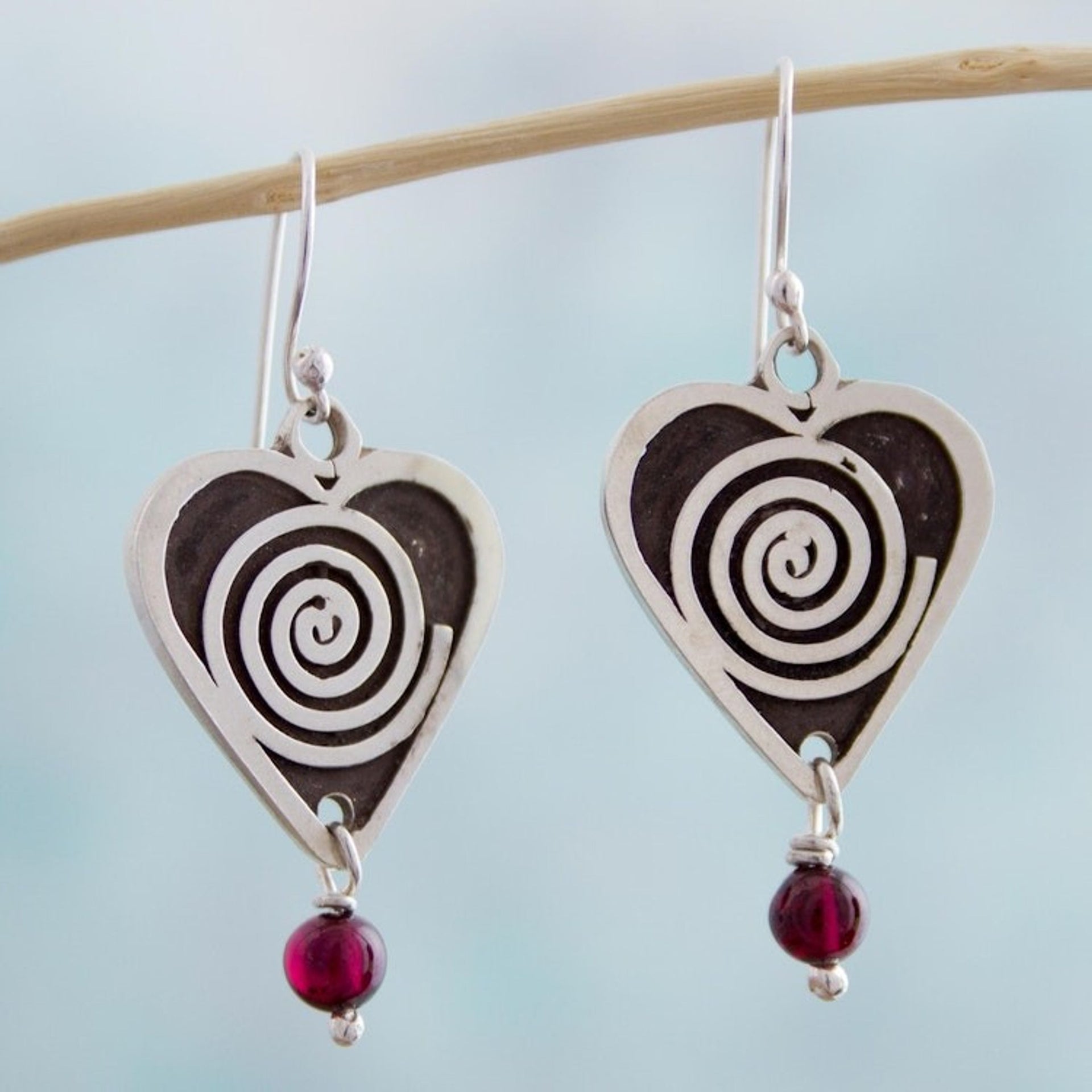 Heart Shaped Garnet Dangle Earrings by Mexican Artisans 'Spiral Hearts'