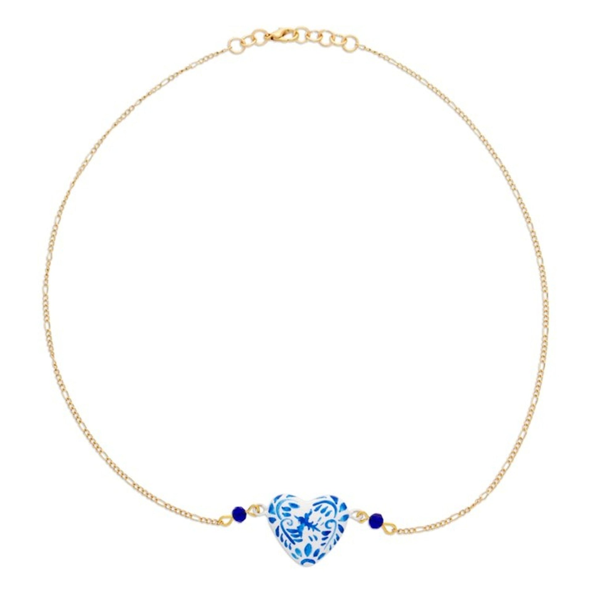 Gold-Plated Papier Mache Talavera Style Heart Necklace 'Blue Talavera Heart'